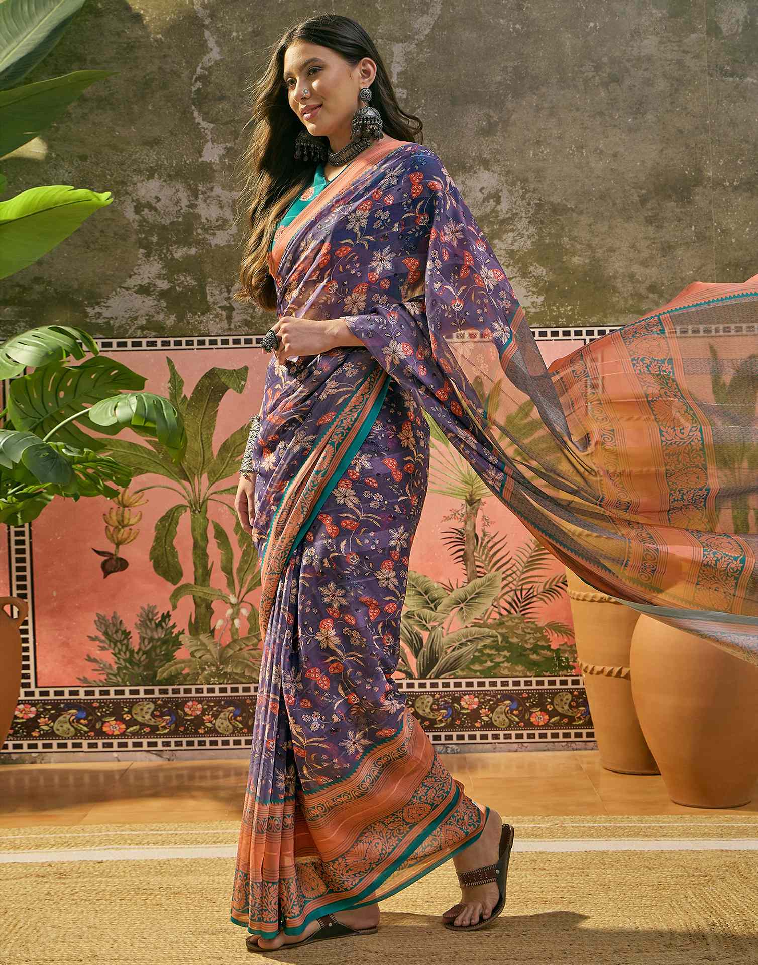 Dusty Purple Georgette Printed Saree - Image 5