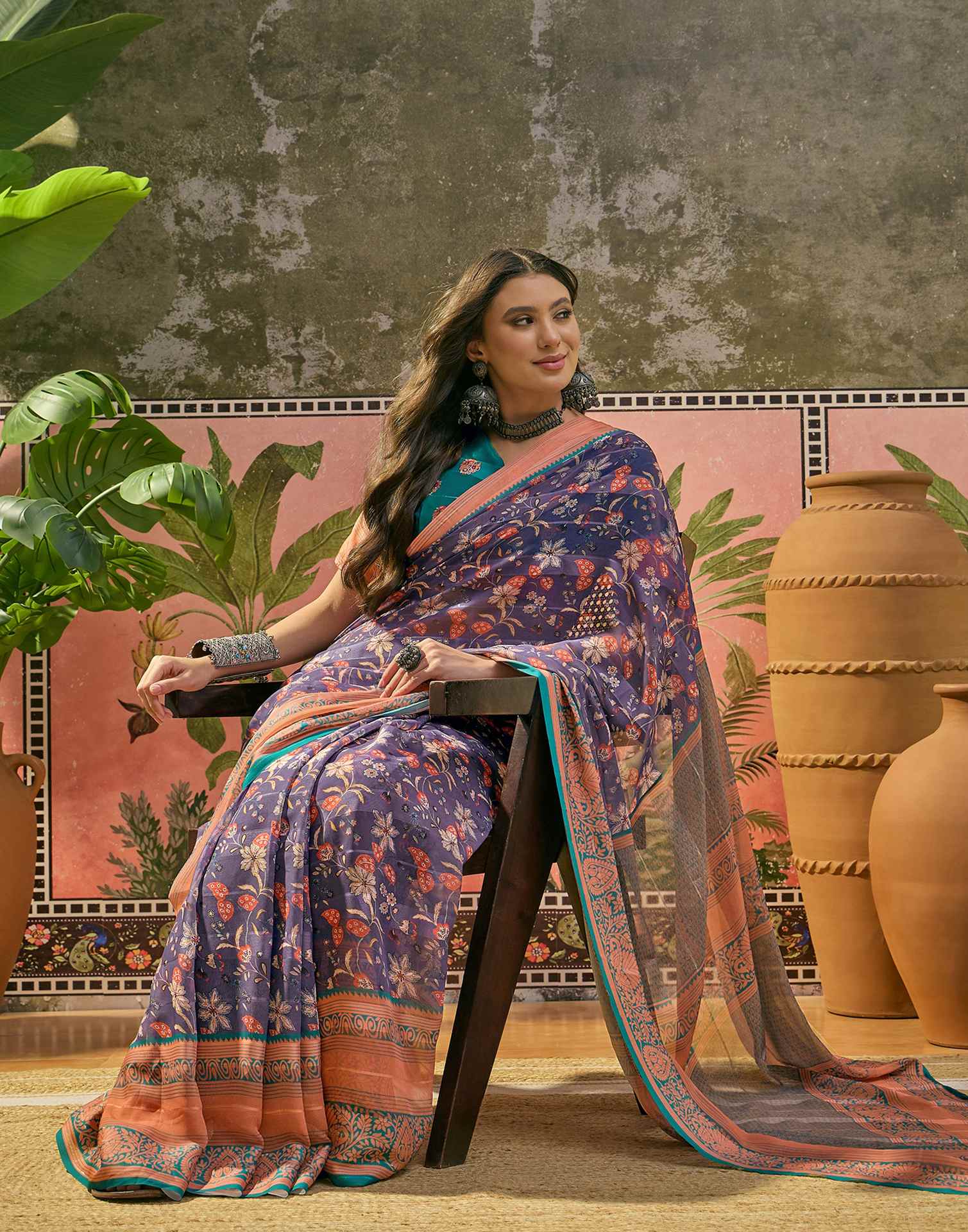 Dusty Purple Georgette Printed Saree - Image 7