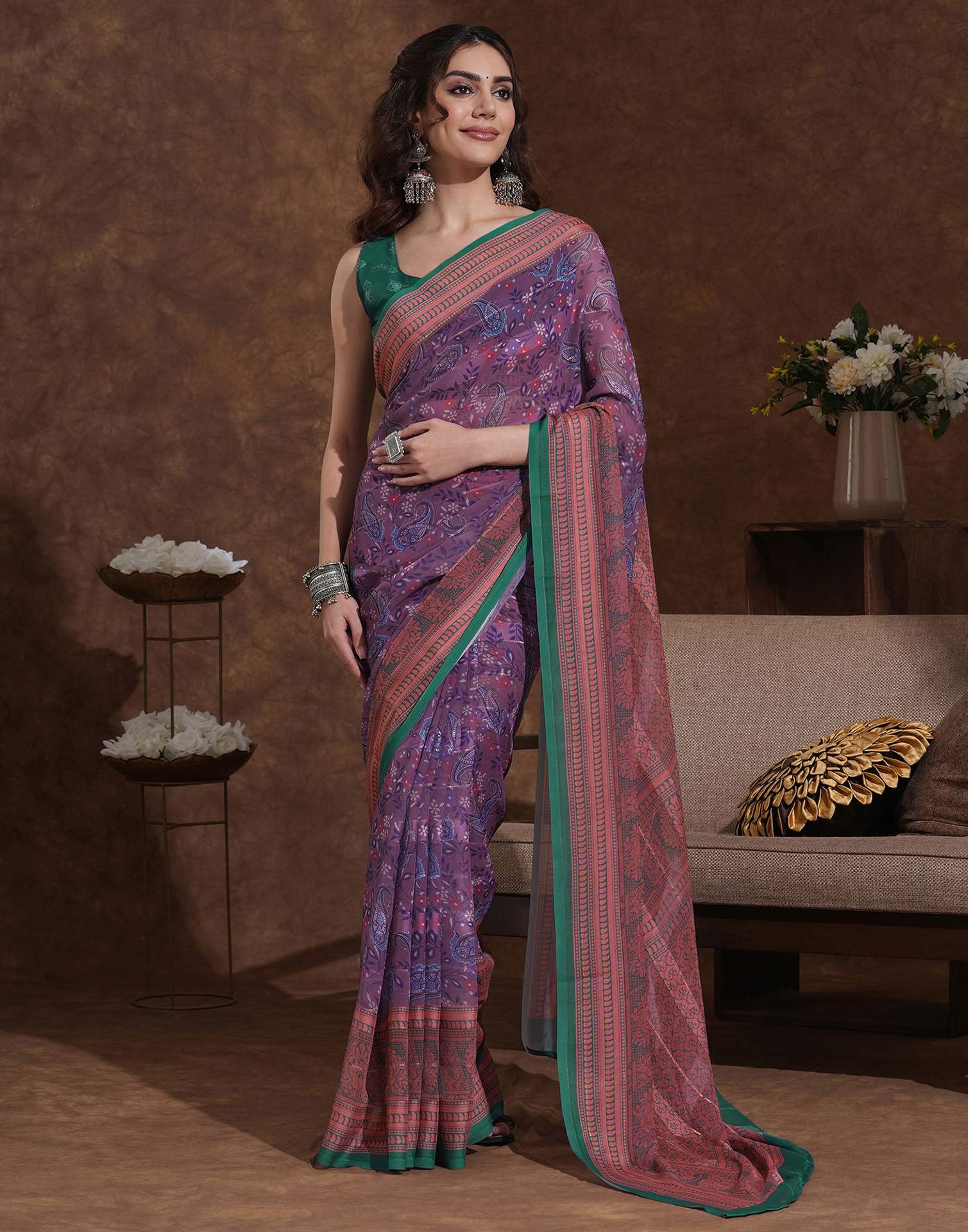 Dusty Purple Georgette Woven Printed Saree