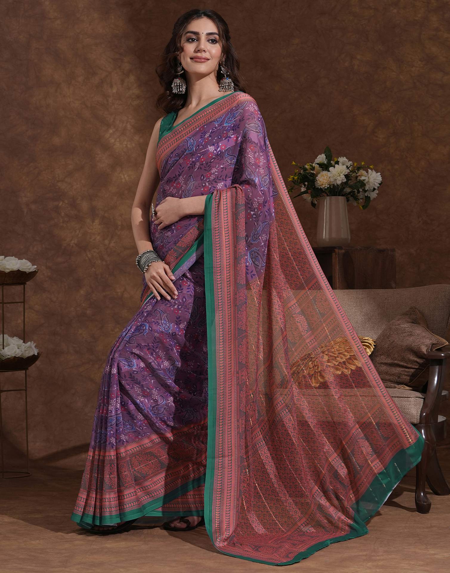 Dusty Purple Georgette Woven Printed Saree - Image 4