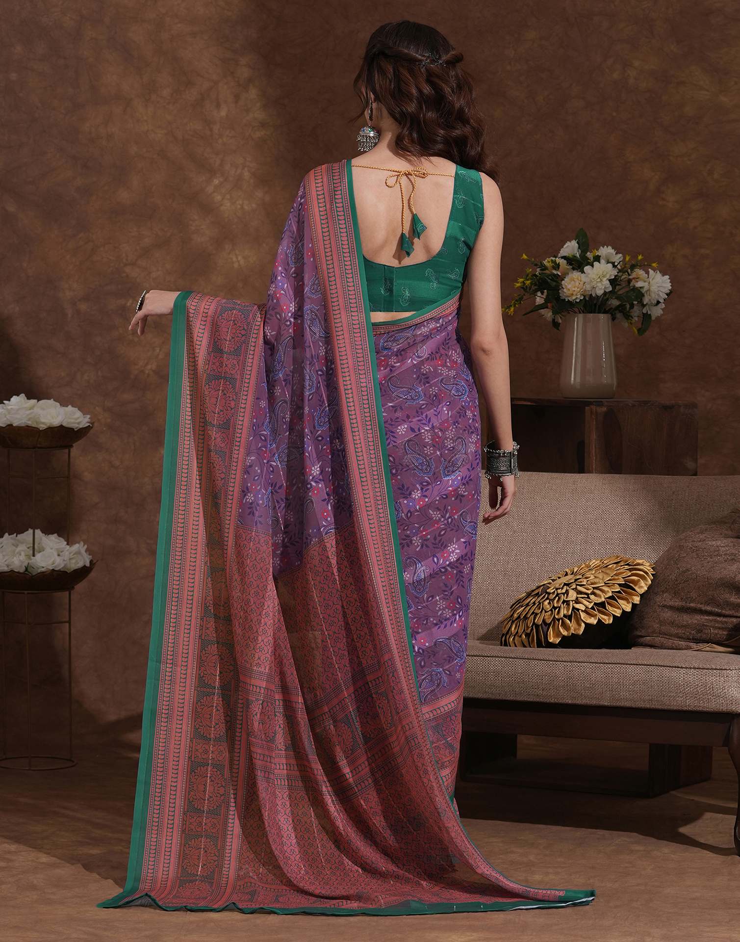 Dusty Purple Georgette Woven Printed Saree - Image 6