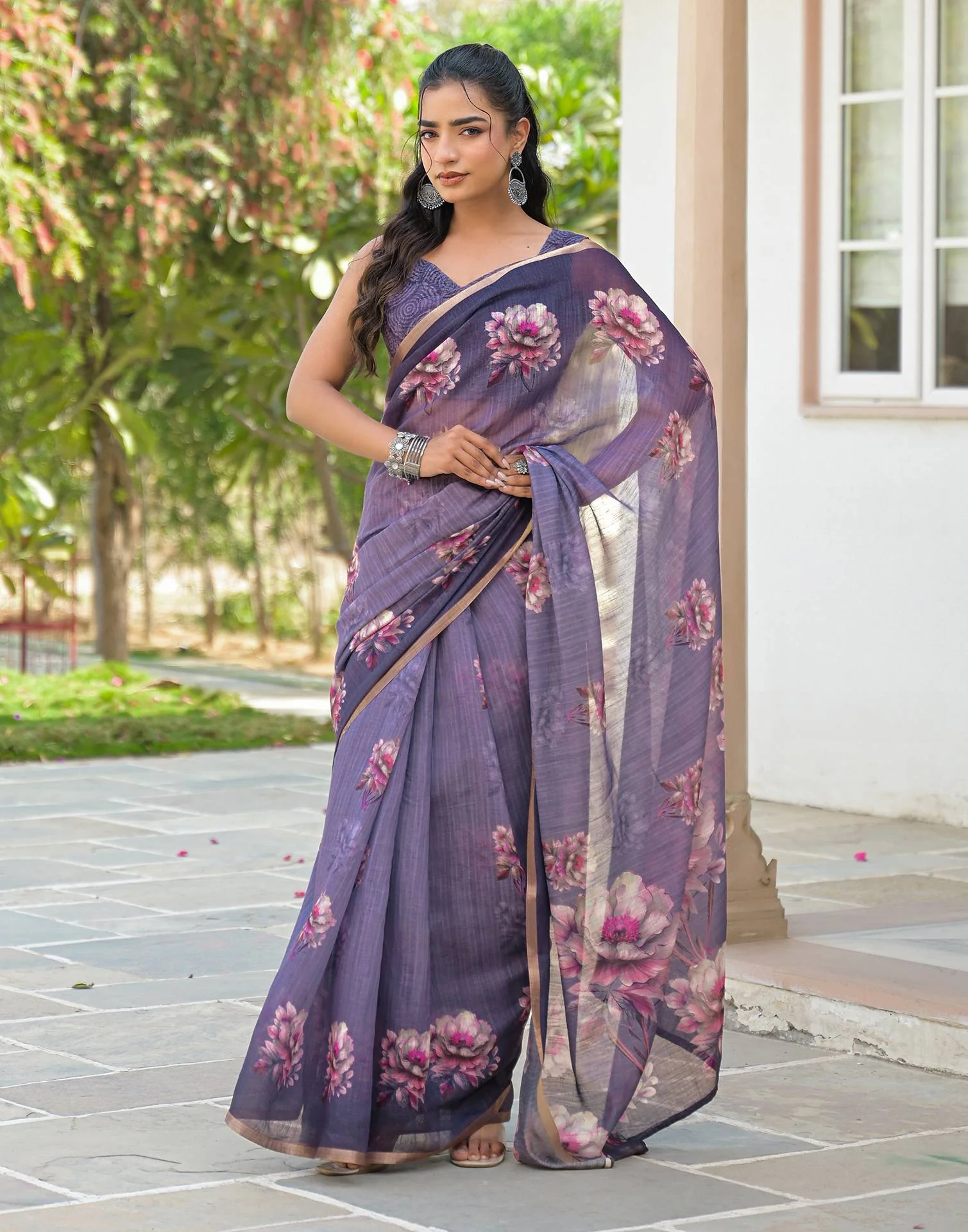 Dusty Purple Linen Floral Printed Saree - Image 7