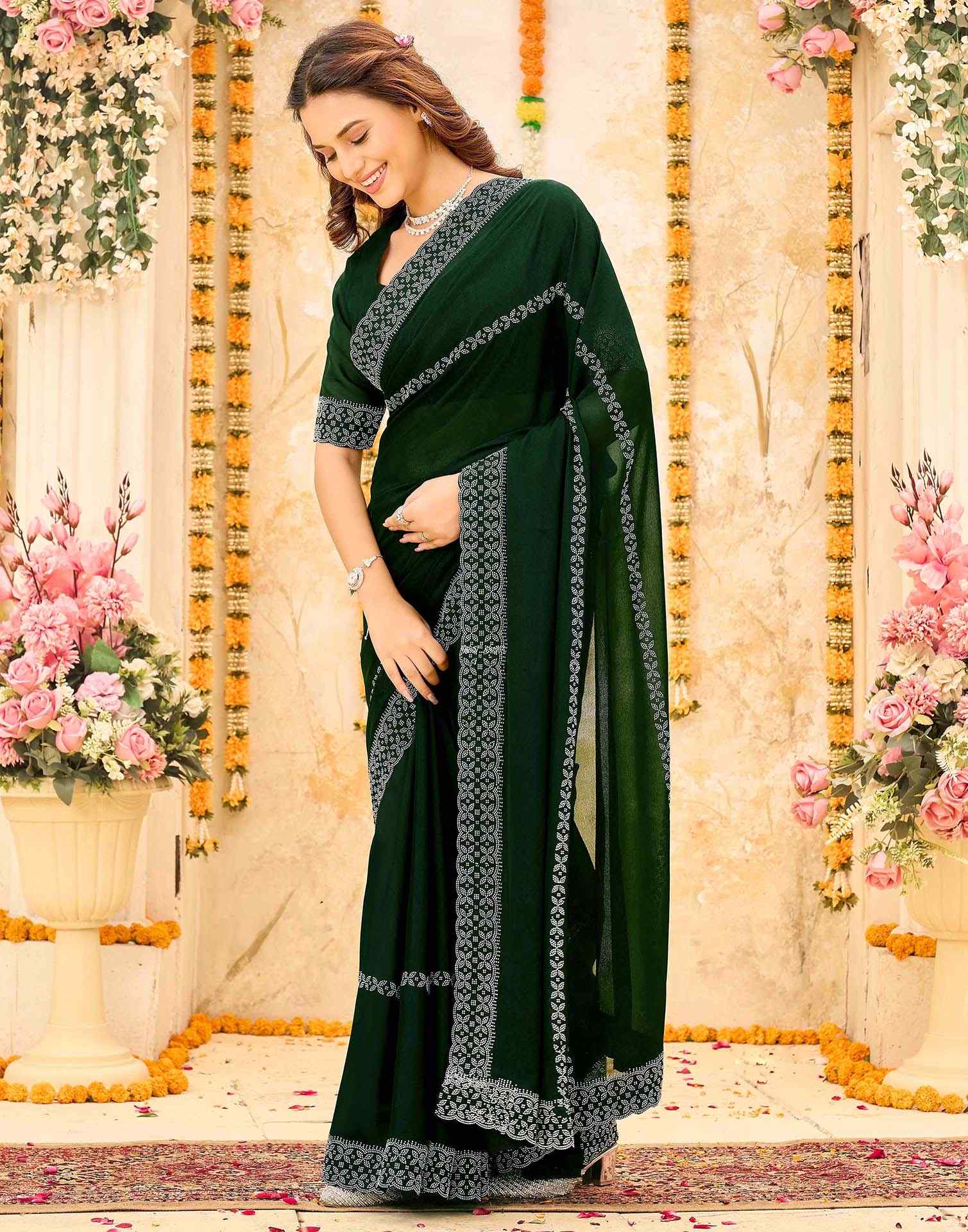 Dark Green Shimmer Stone Work Swarovski Saree - Image 4