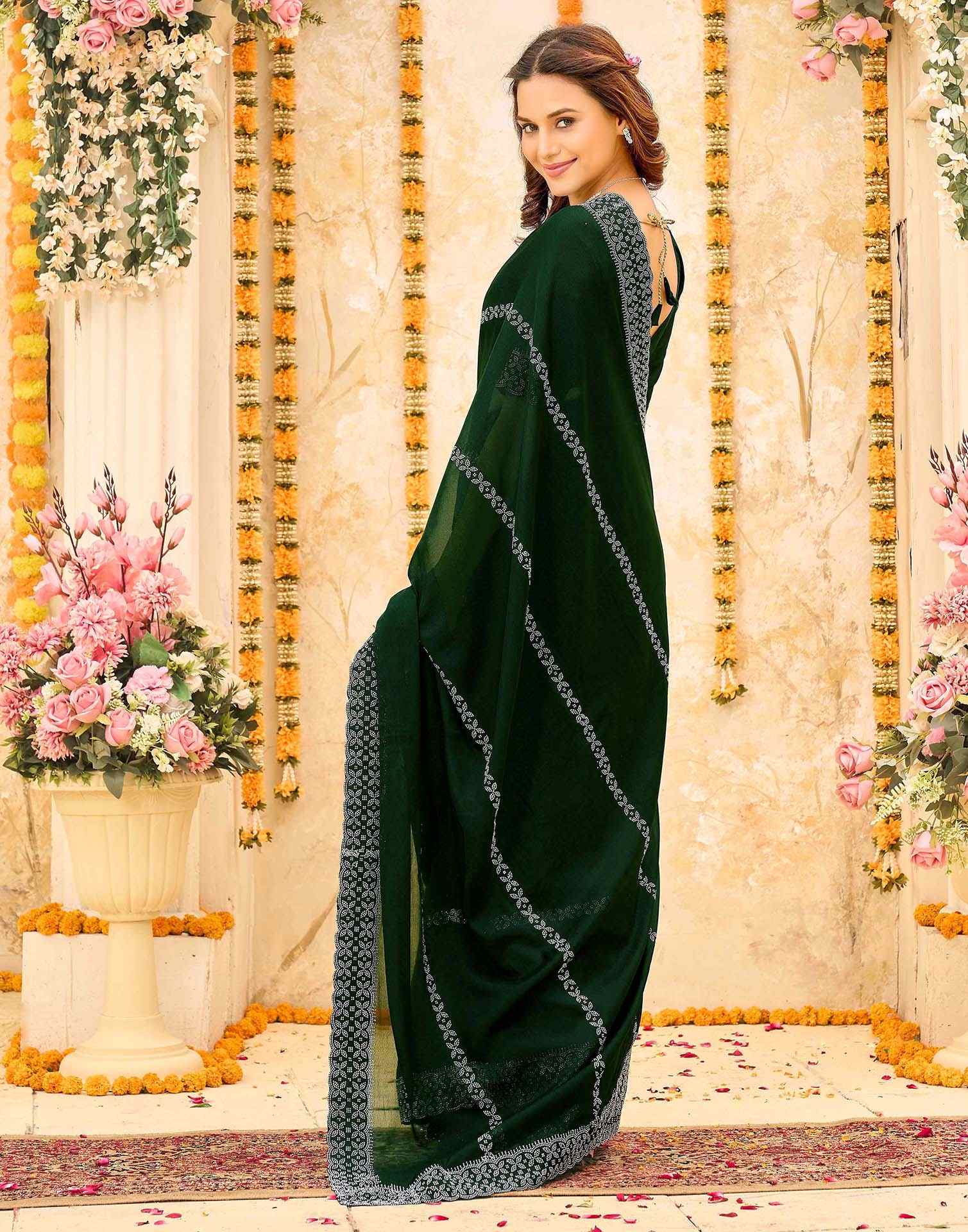 Dark Green Shimmer Stone Work Swarovski Saree - Image 6