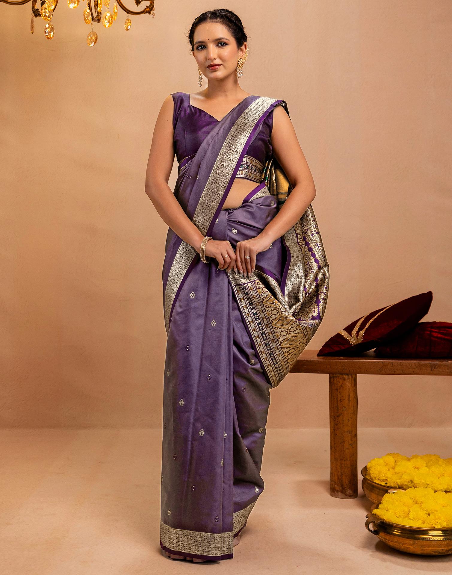Dusty Purple Silk Woven Banarasi Saree - Image 9