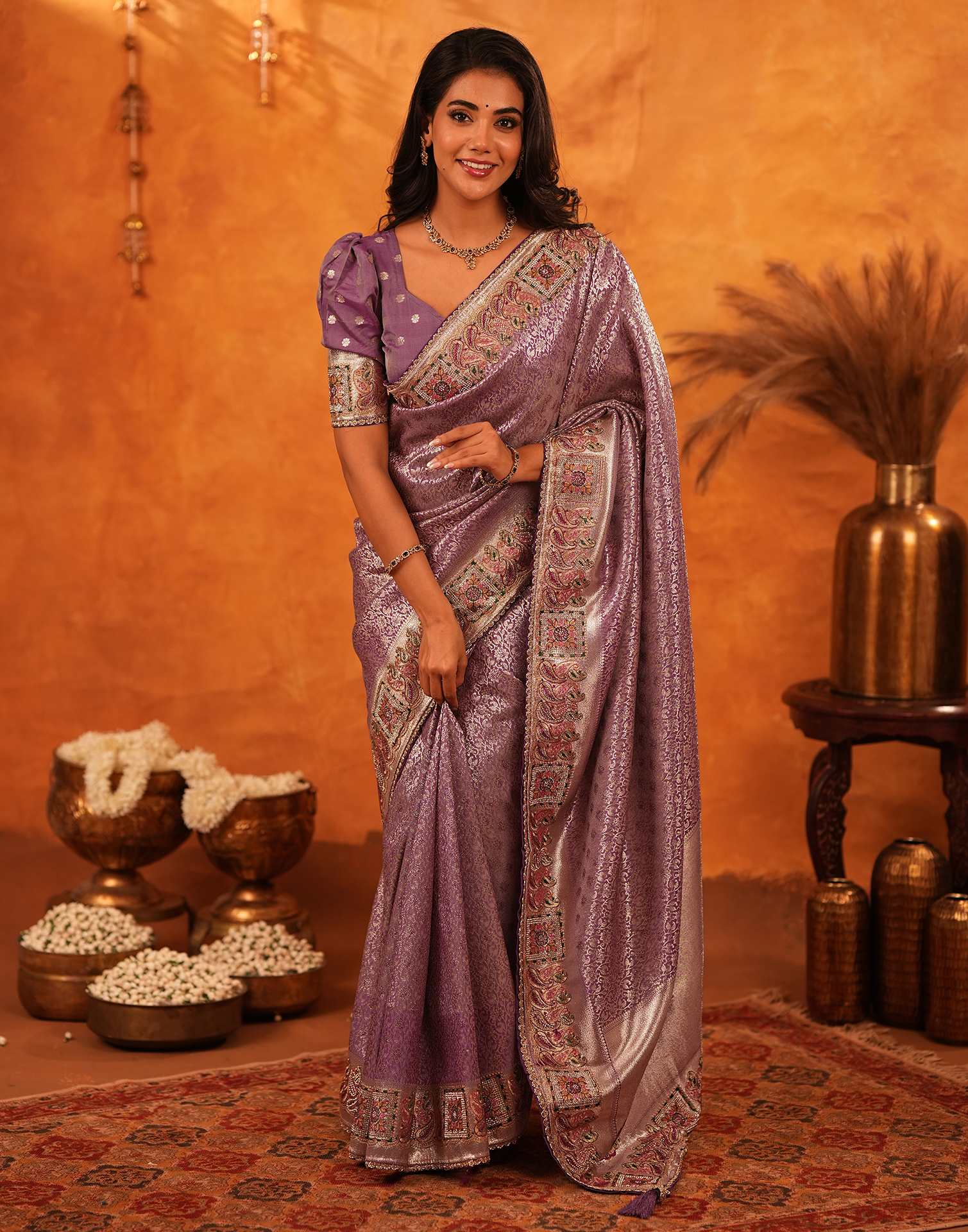 Dusty Purple Silk Woven Embroidery Stone Work Banarasi Saree - Image 8