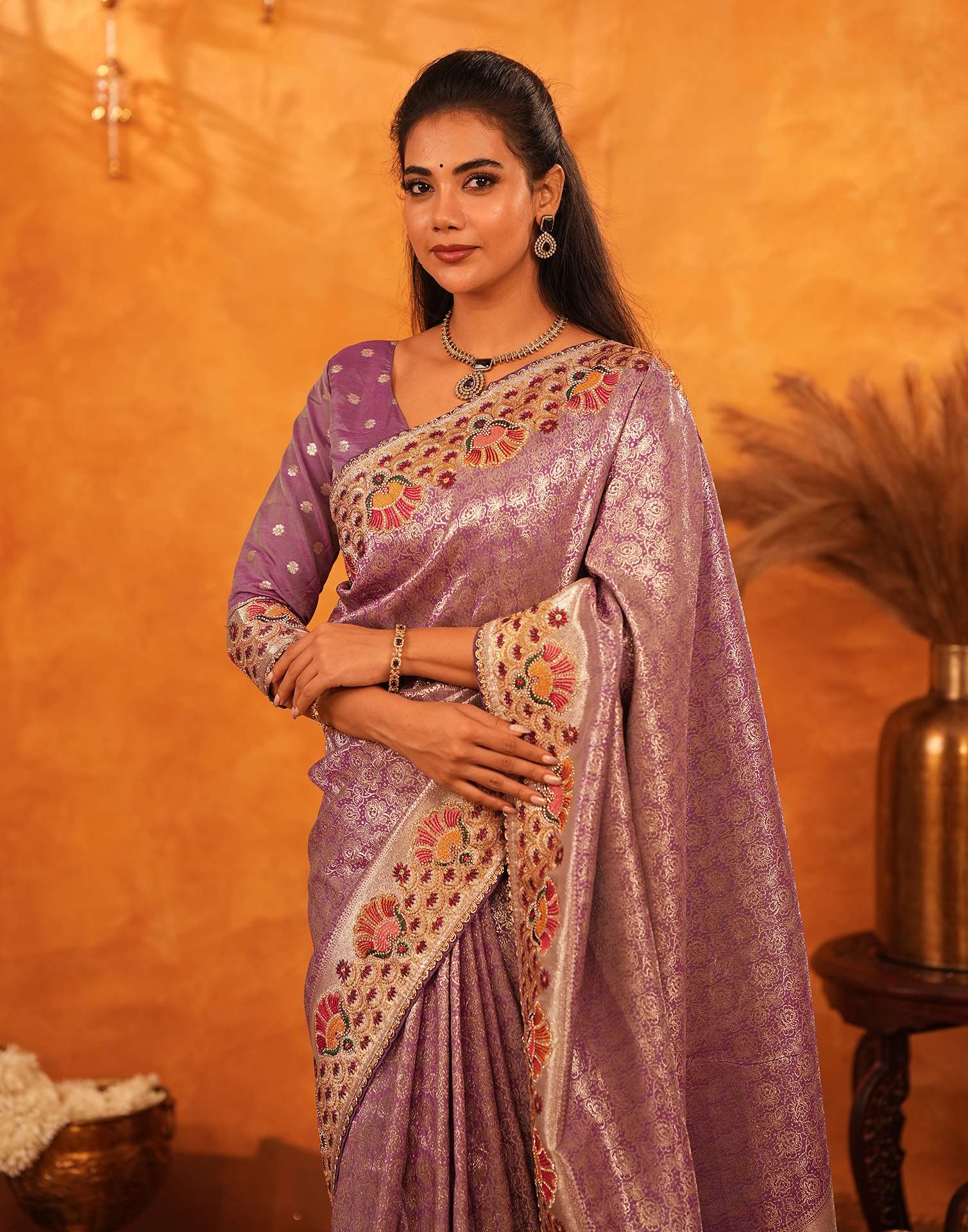 Dusty Purple Silk Woven Embroidery Stone Work Banarasi Saree - Image 2