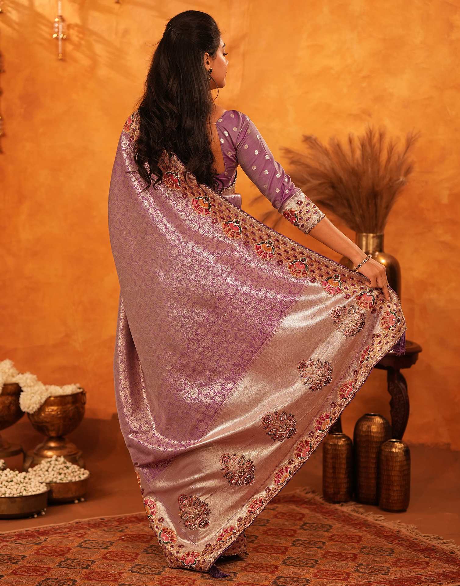 Dusty Purple Silk Woven Embroidery Stone Work Banarasi Saree - Image 6