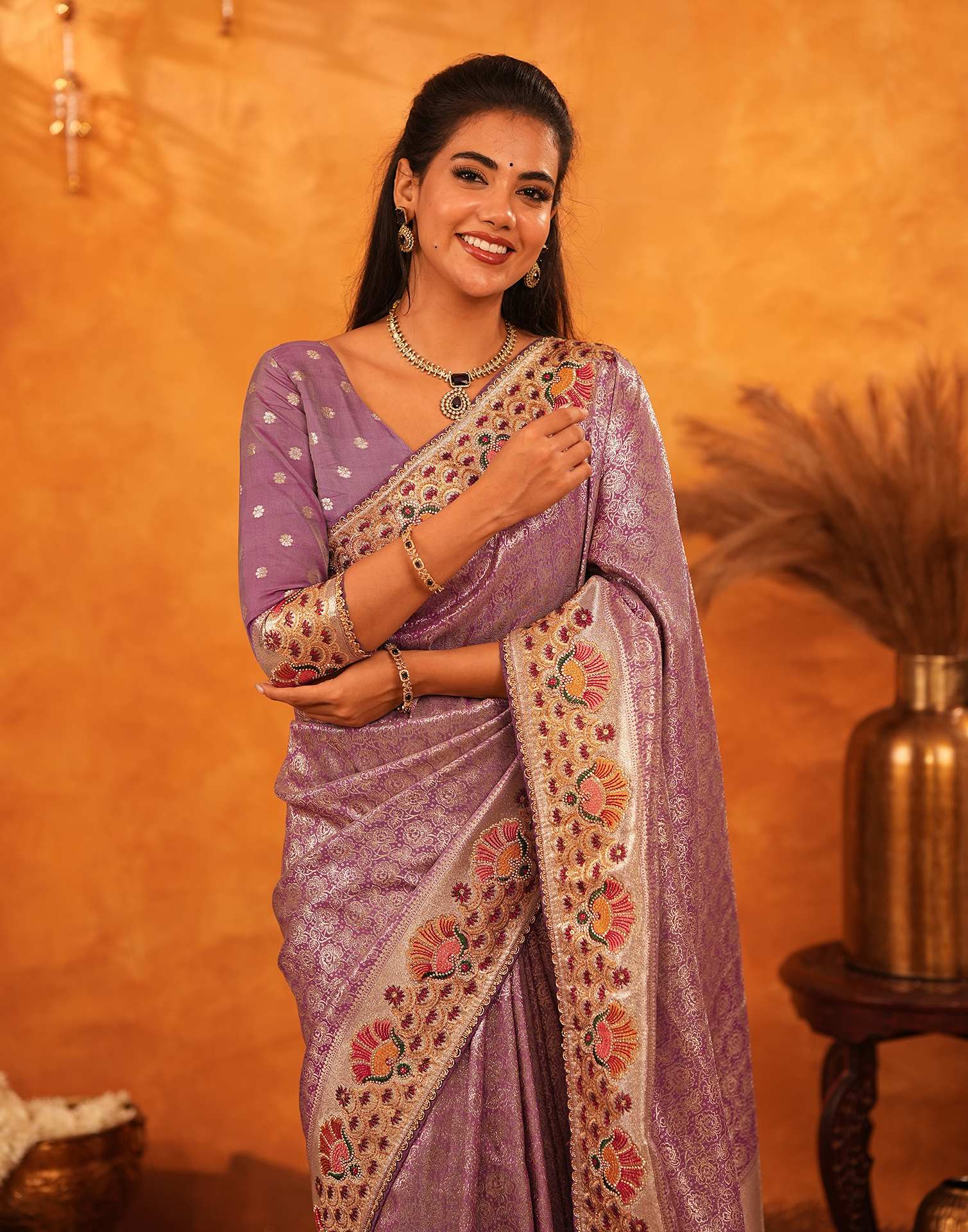 Dusty Purple Silk Woven Embroidery Stone Work Banarasi Saree - Image 8