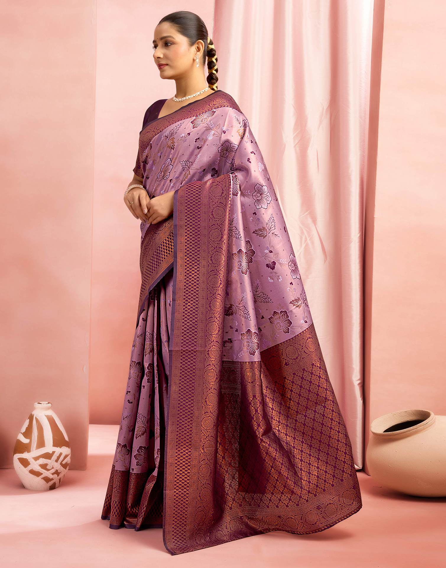 Dusty Purple Silk Woven Kanjivaram Saree - Image 4