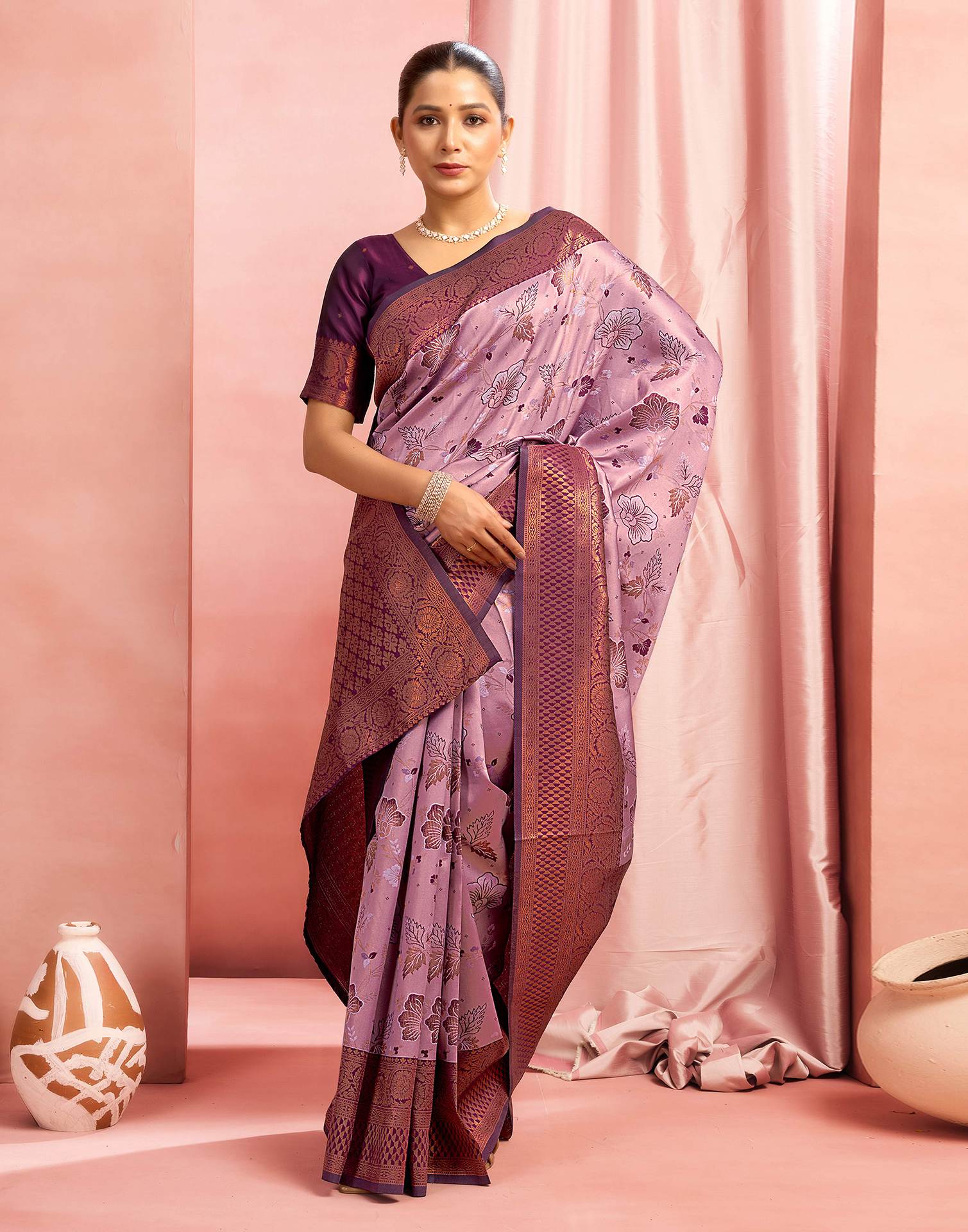 Dusty Purple Silk Woven Kanjivaram Saree - Image 5