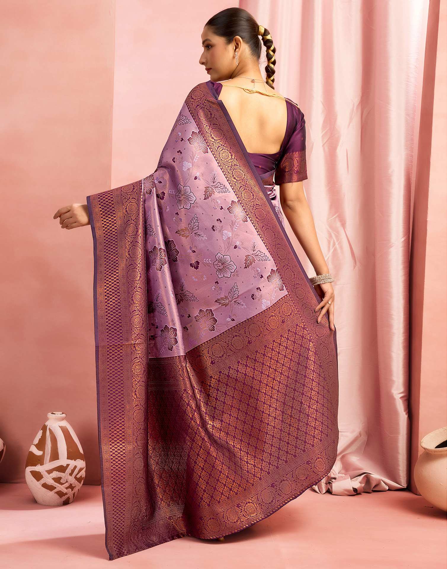 Dusty Purple Silk Woven Kanjivaram Saree - Image 6