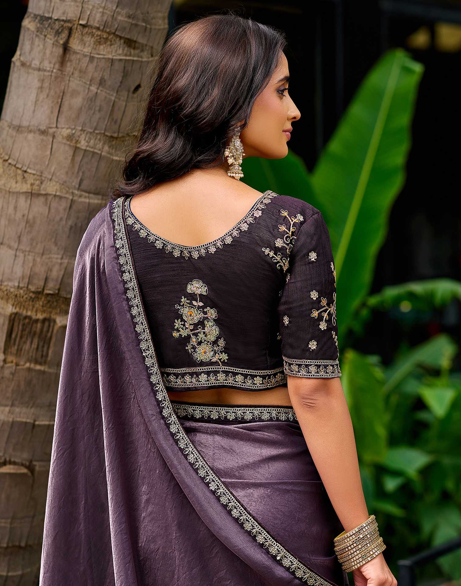 Dusty Purple Tissue Silk Lace Saree - Image 6