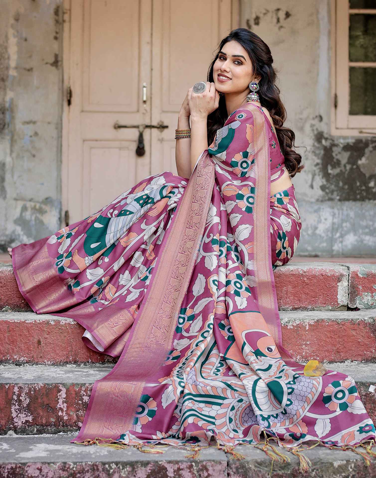 Dusty Purple Tussar Silk Printed Kalamkari Saree - Image 4