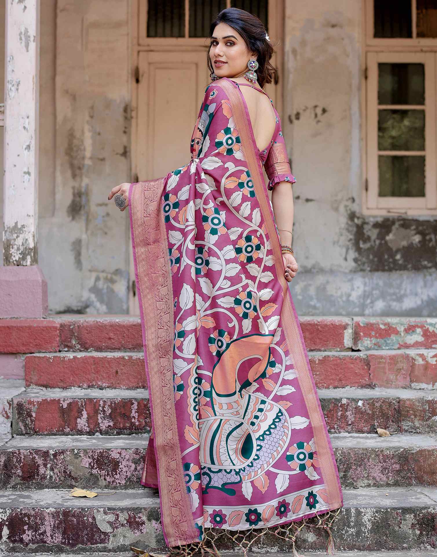 Dusty Purple Tussar Silk Printed Kalamkari Saree - Image 6