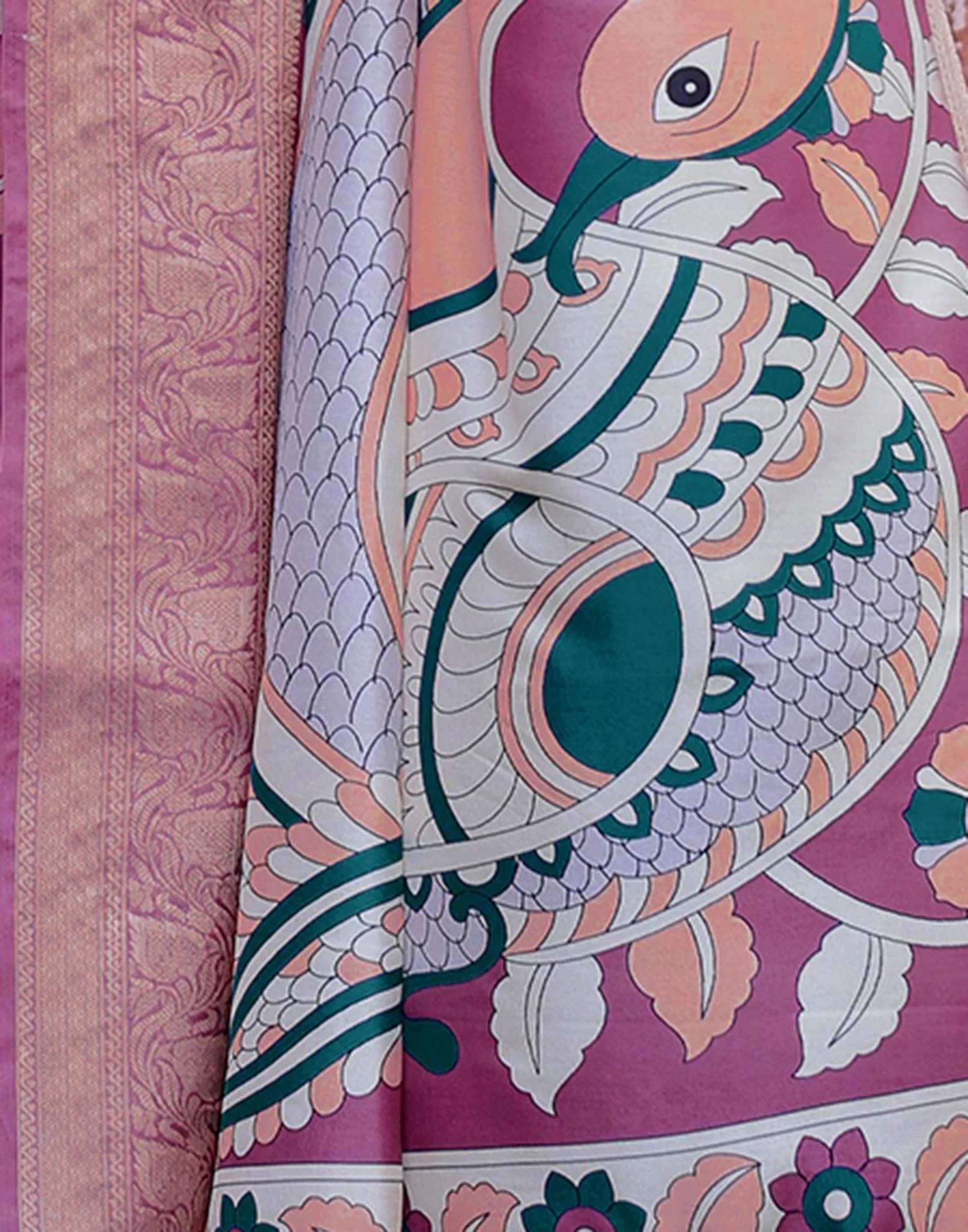 Dusty Purple Tussar Silk Printed Kalamkari Saree - Image 7