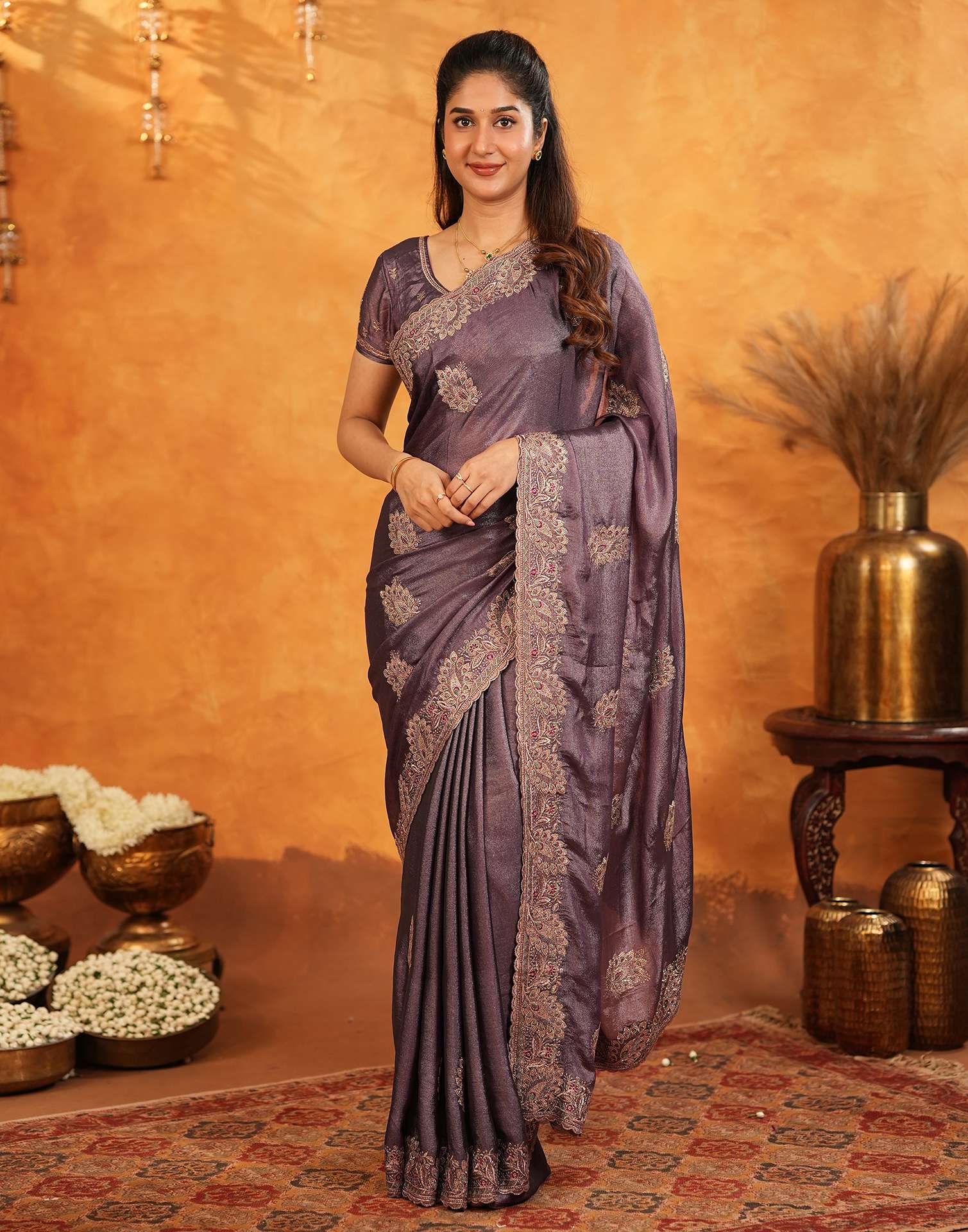 Dusty Purple Vichitra Silk Stone Work Embroidery Saree