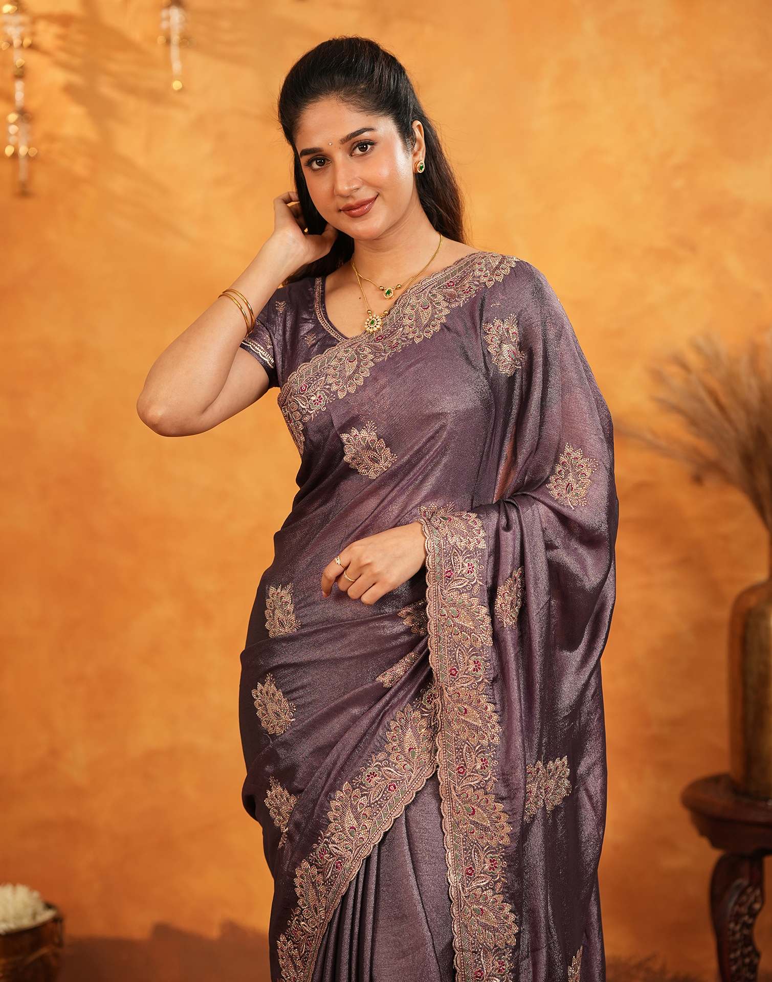 Dusty Purple Vichitra Silk Stone Work Embroidery Saree - Image 11