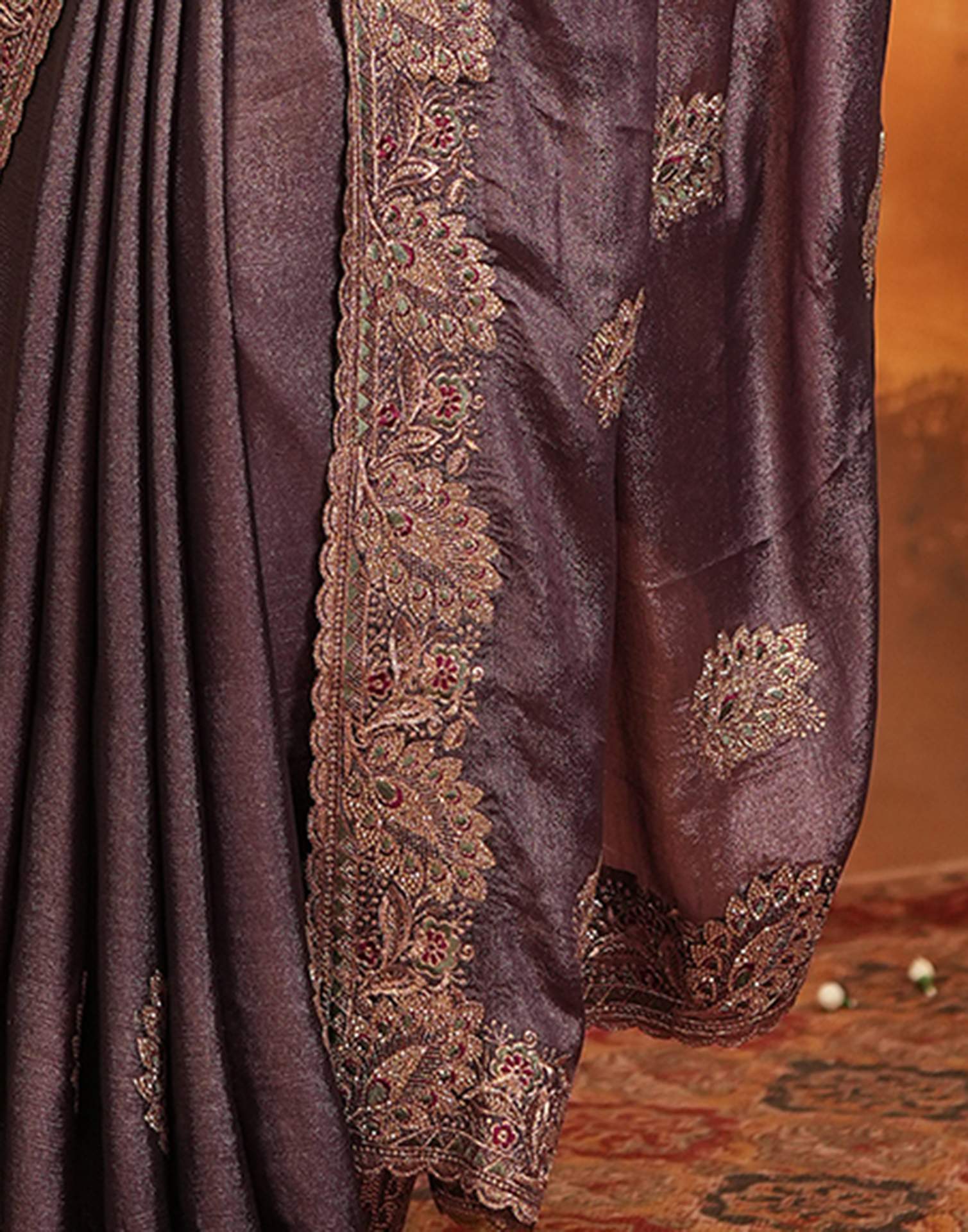 Dusty Purple Vichitra Silk Stone Work Embroidery Saree - Image 12