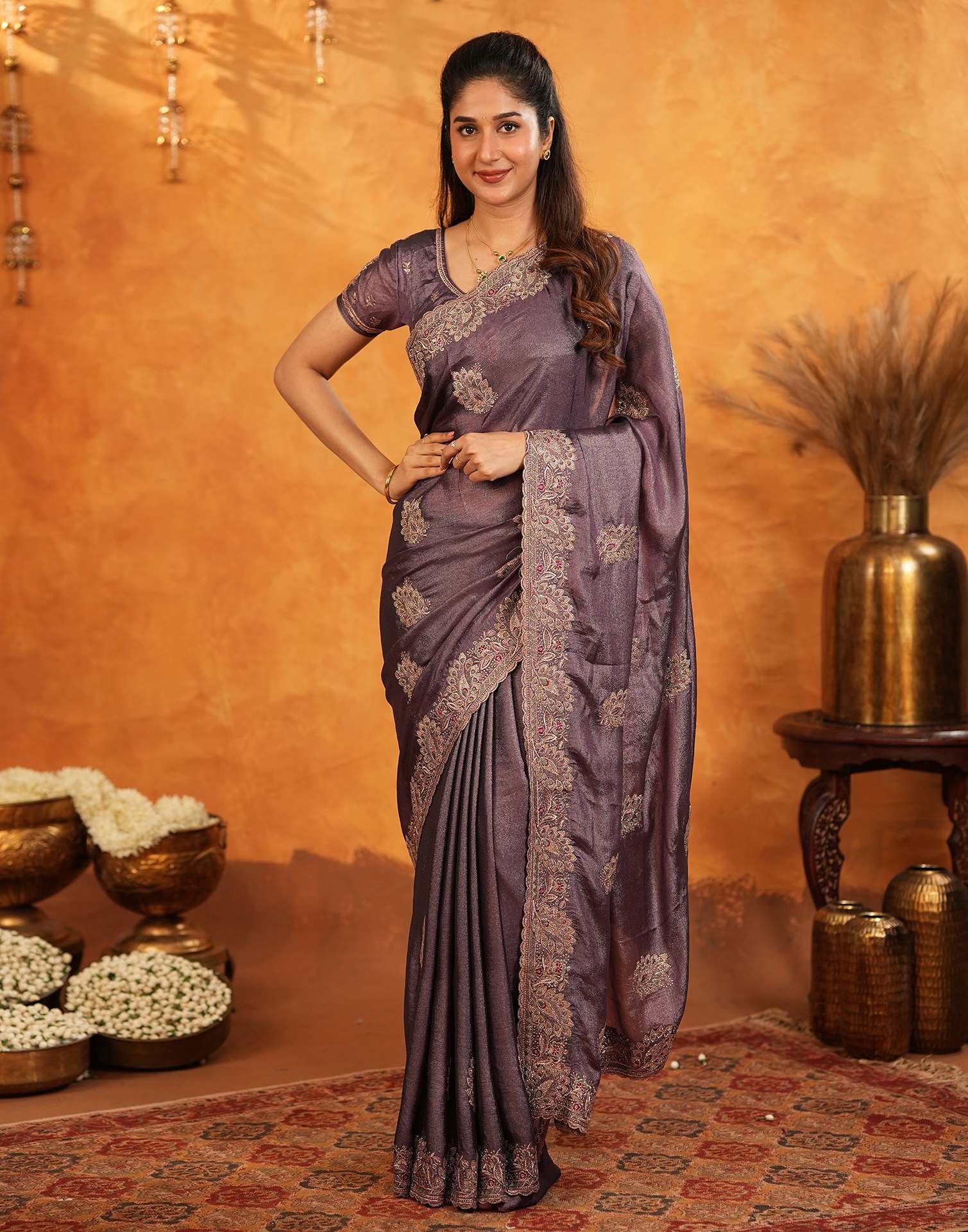 Dusty Purple Vichitra Silk Stone Work Embroidery Saree - Image 6
