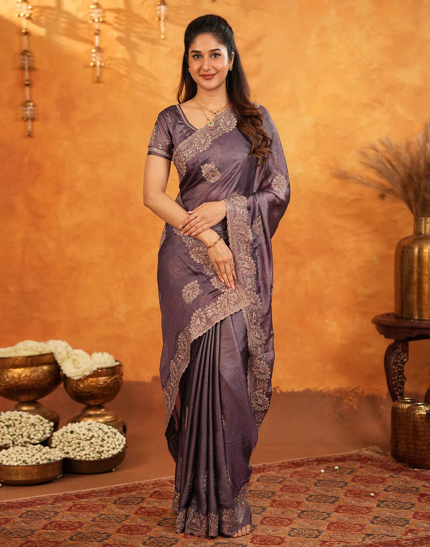 Dusty Purple Vichitra Silk Stone Work Embroidery Saree - Image 8