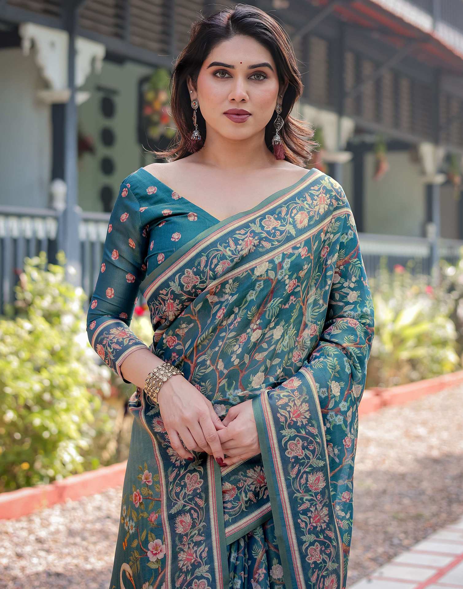 Dusty Rama Blue Linen Floral Printed Saree - Image 4