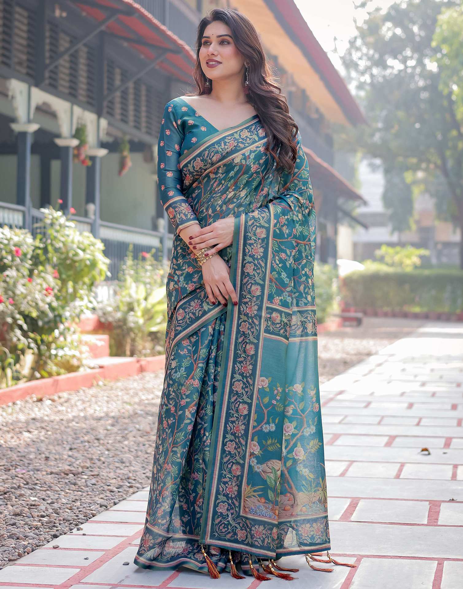Dusty Rama Blue Linen Floral Printed Saree - Image 5