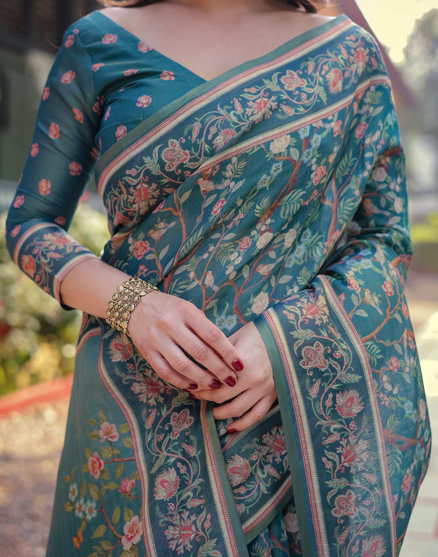 Dusty Rama Blue Linen Floral Printed Saree - Image 7