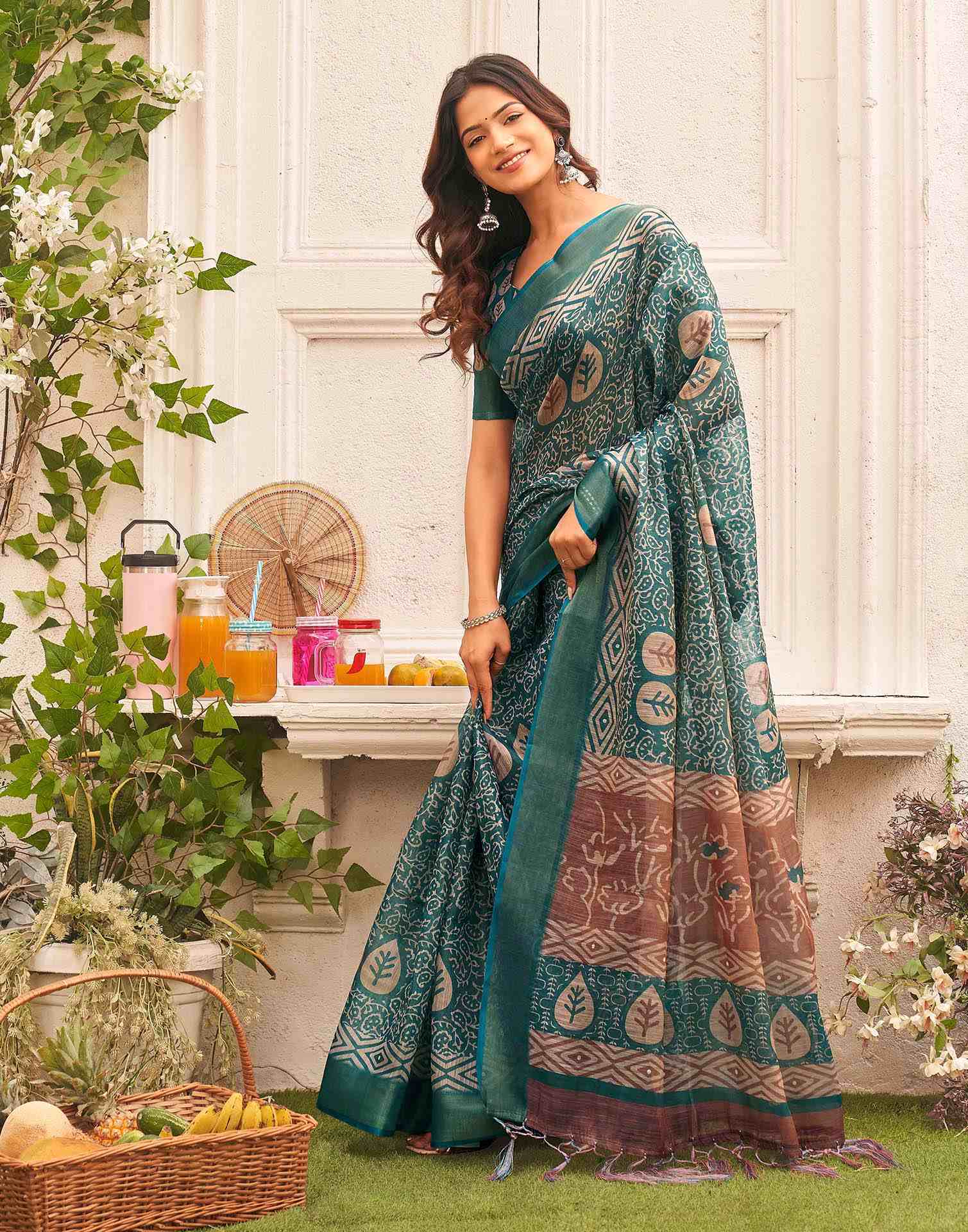 Dusty Rama Blue Shimmer Silk Printed Saree - Image 4