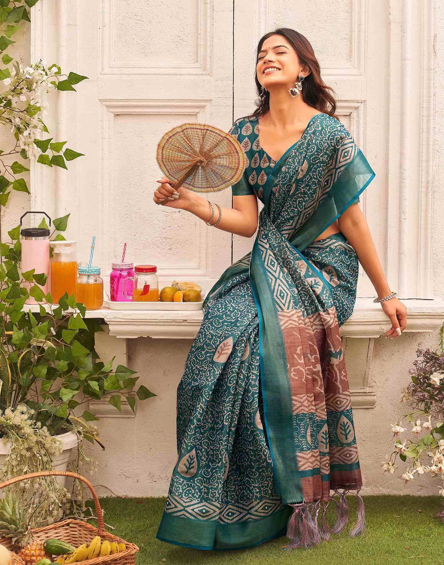 Dusty Rama Blue Shimmer Silk Printed Saree - Image 5