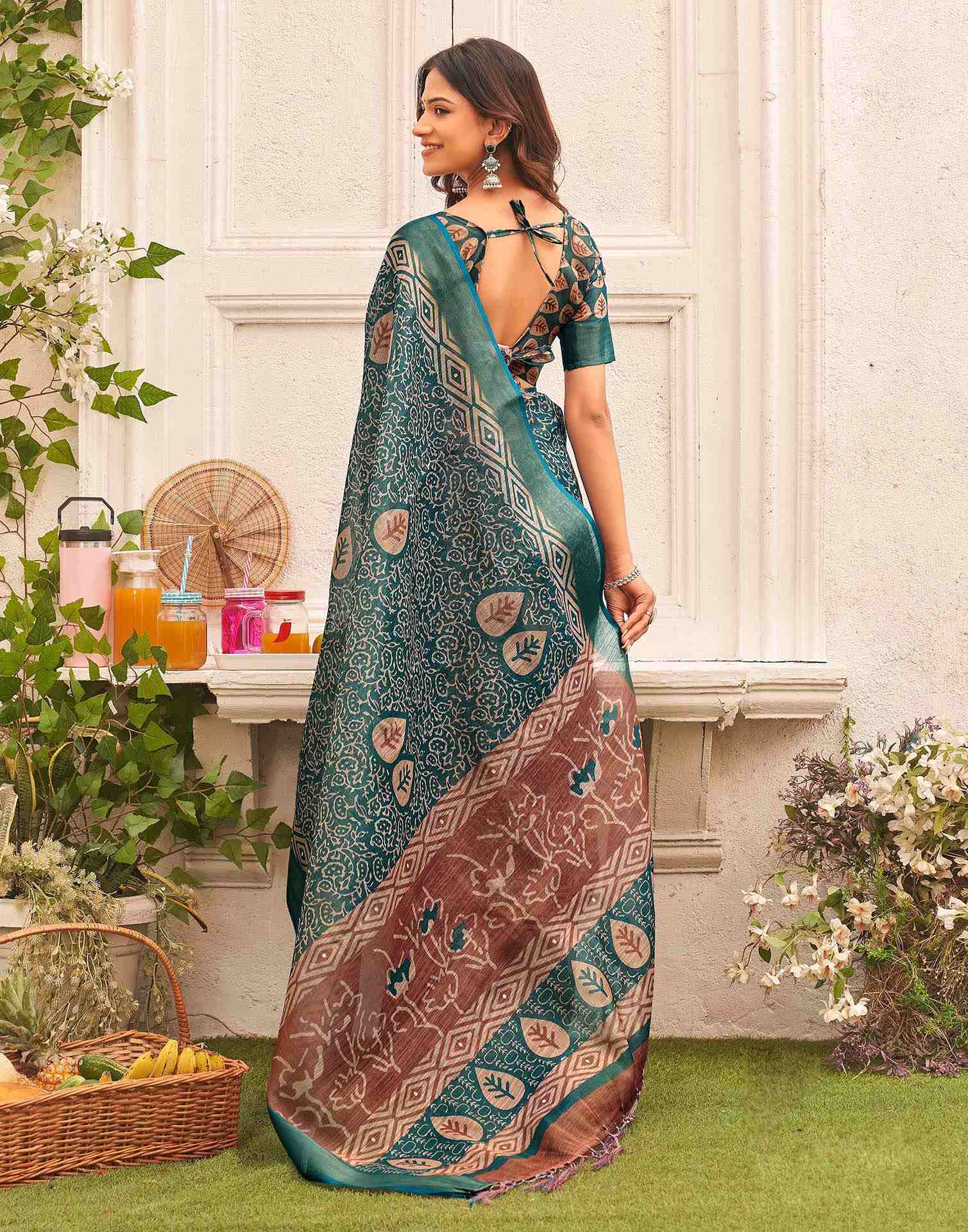 Dusty Rama Blue Shimmer Silk Printed Saree - Image 6