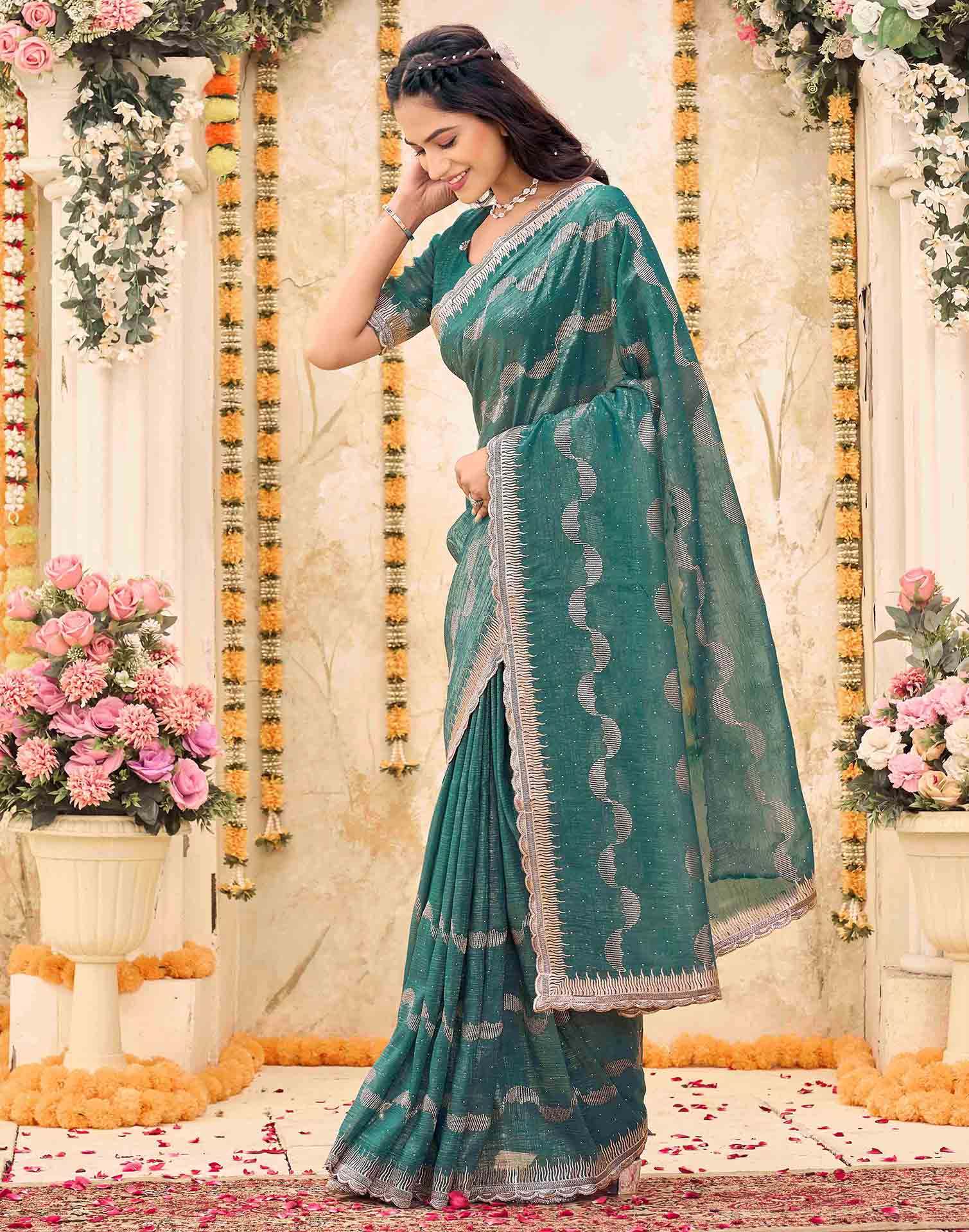 Dusty Rama Green Shimmer Embroidery Embellished Saree - Image 4