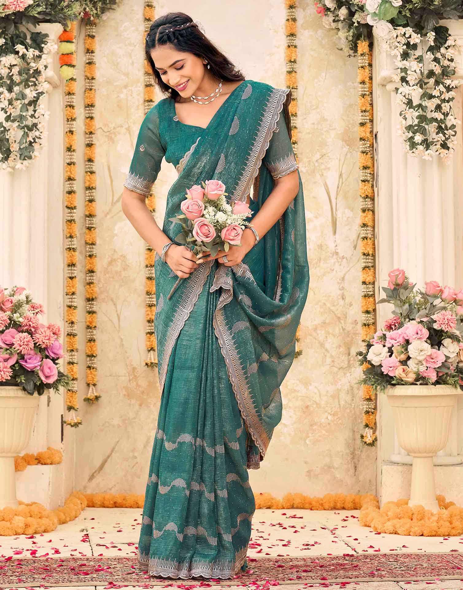 Dusty Rama Green Shimmer Embroidery Embellished Saree - Image 5