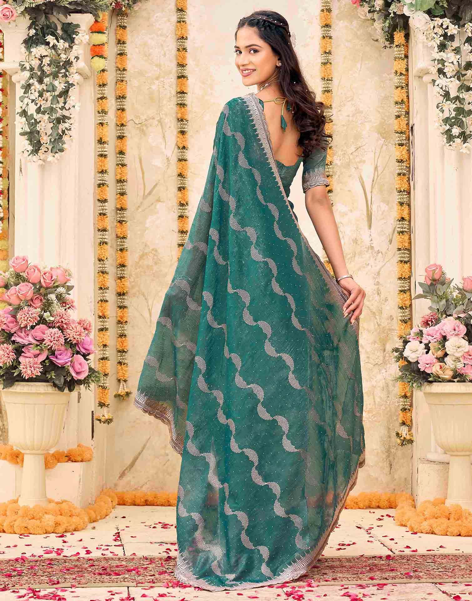 Dusty Rama Green Shimmer Embroidery Embellished Saree - Image 6