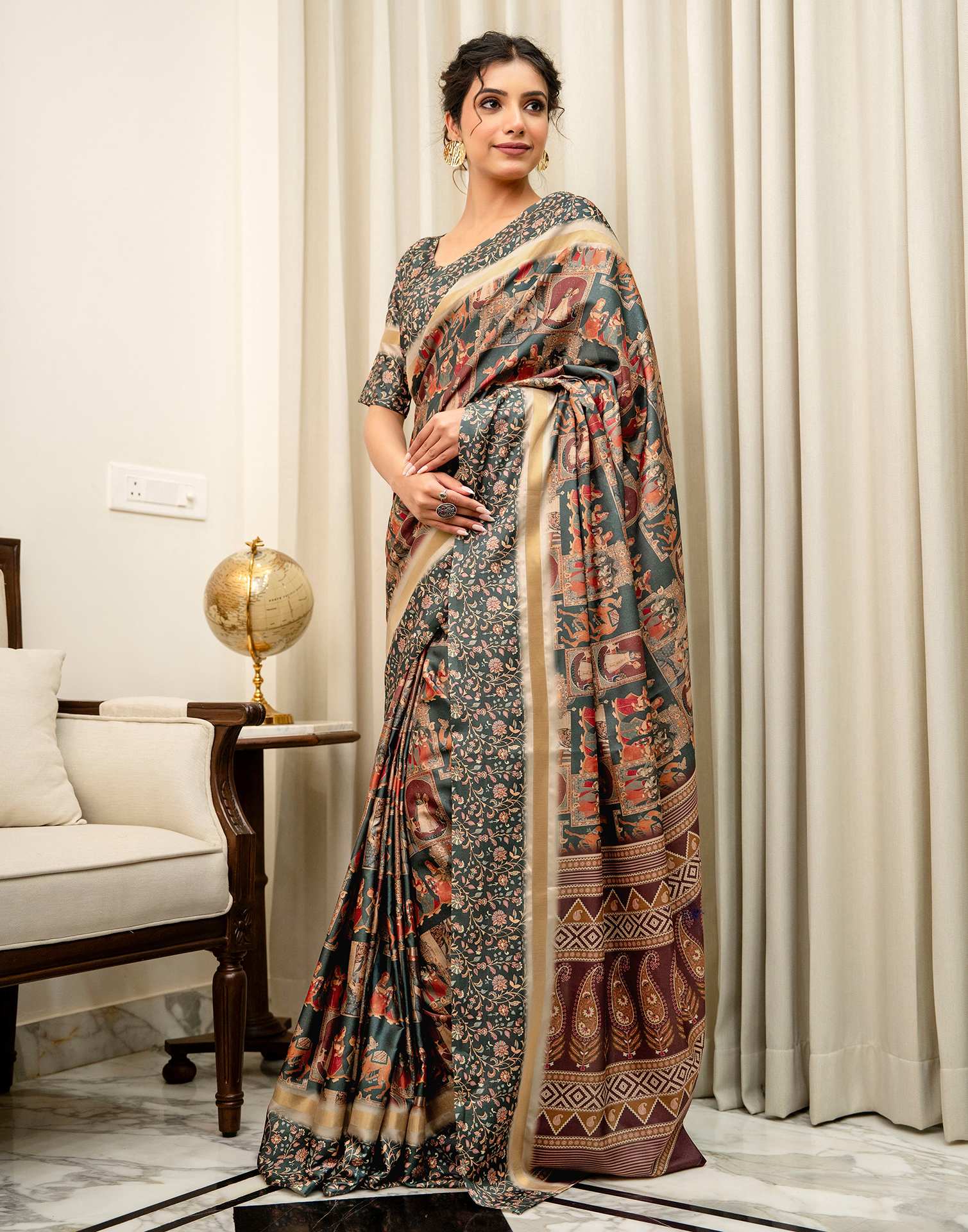 Dusty Rama Green Silk Kalamkari Printed Saree - Image 5