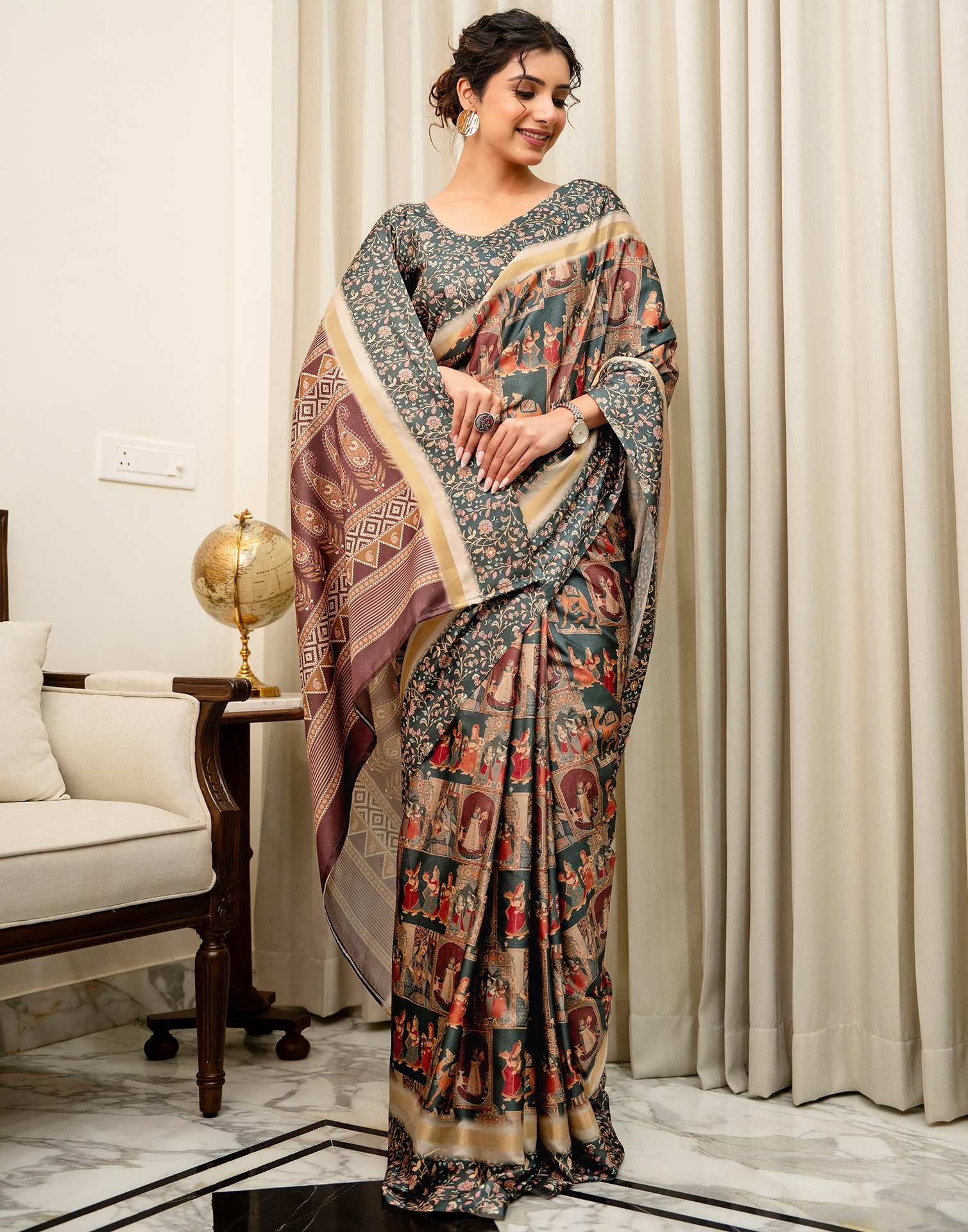 Dusty Rama Green Silk Kalamkari Printed Saree - Image 6