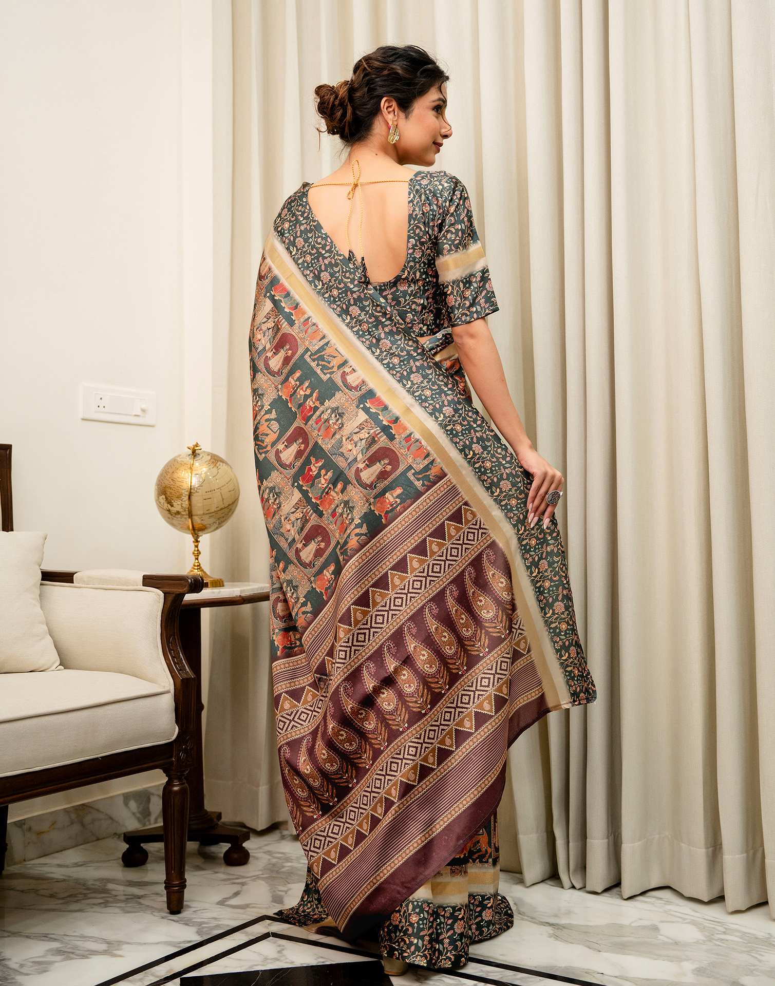 Dusty Rama Green Silk Kalamkari Printed Saree - Image 7