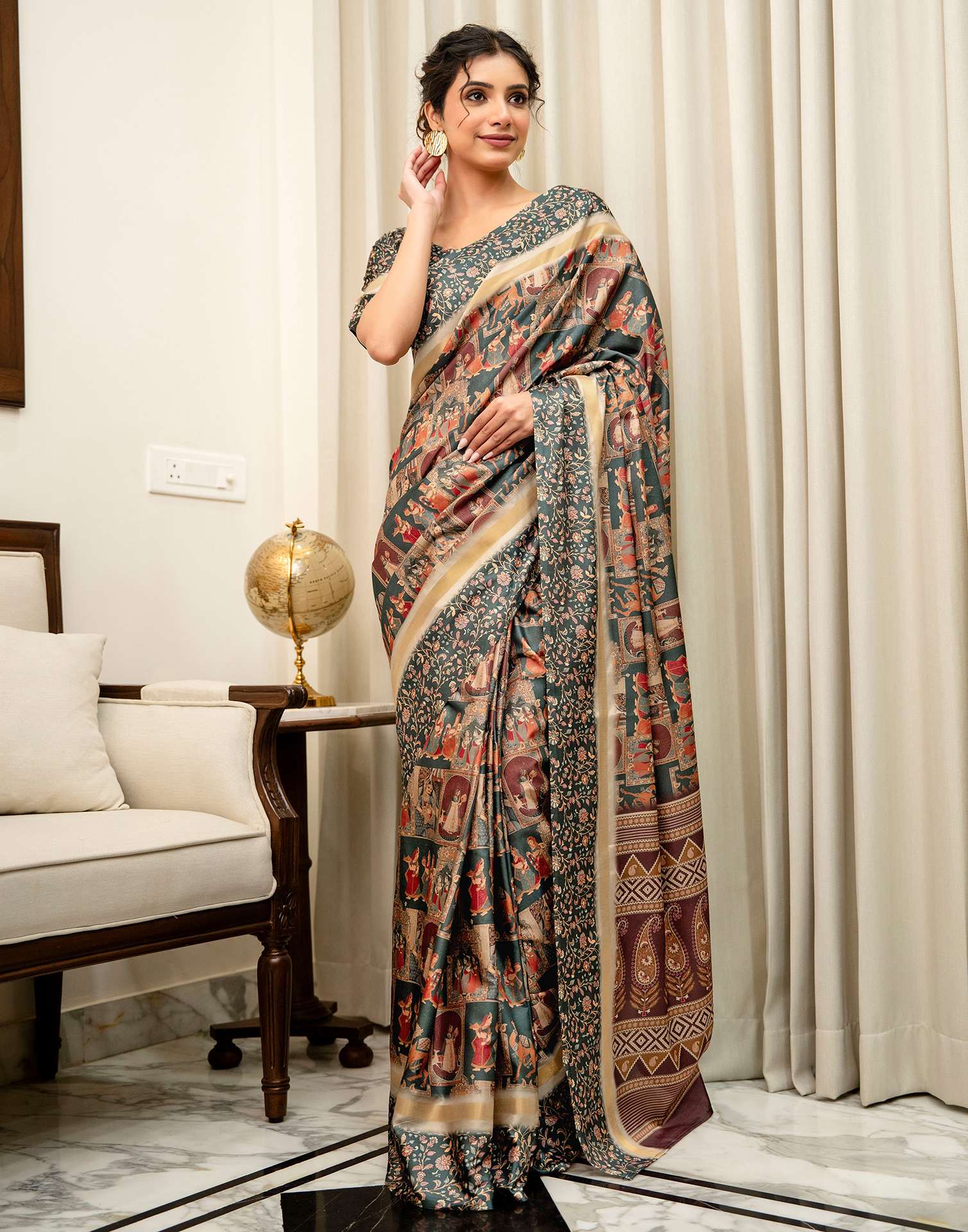 Dusty Rama Green Silk Kalamkari Printed Saree - Image 8