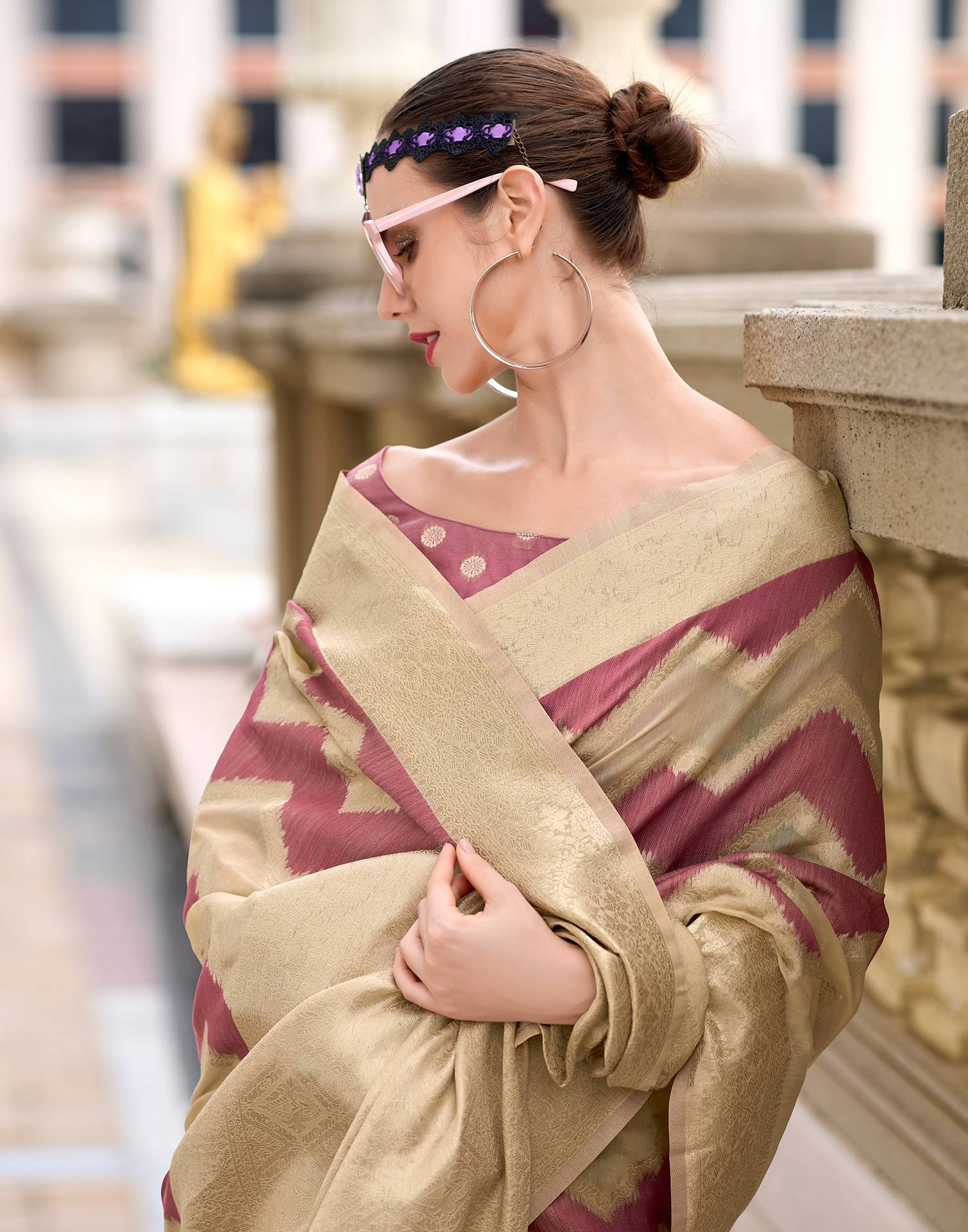Dusty Rose Pink Cotton Linen Woven Saree - Image 5