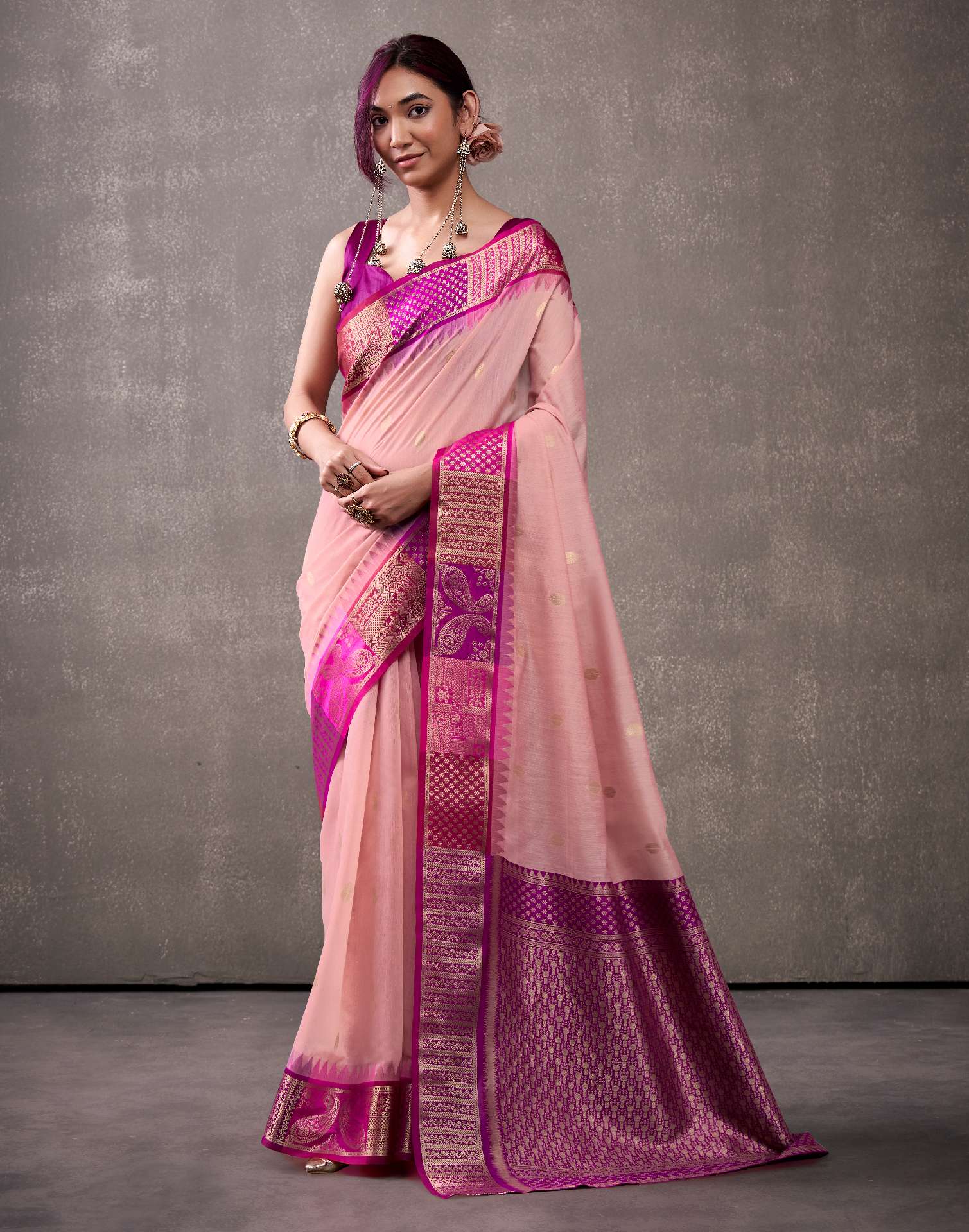 Dusty Rose Pink Cotton Woven Banarasi Saree - Image 4