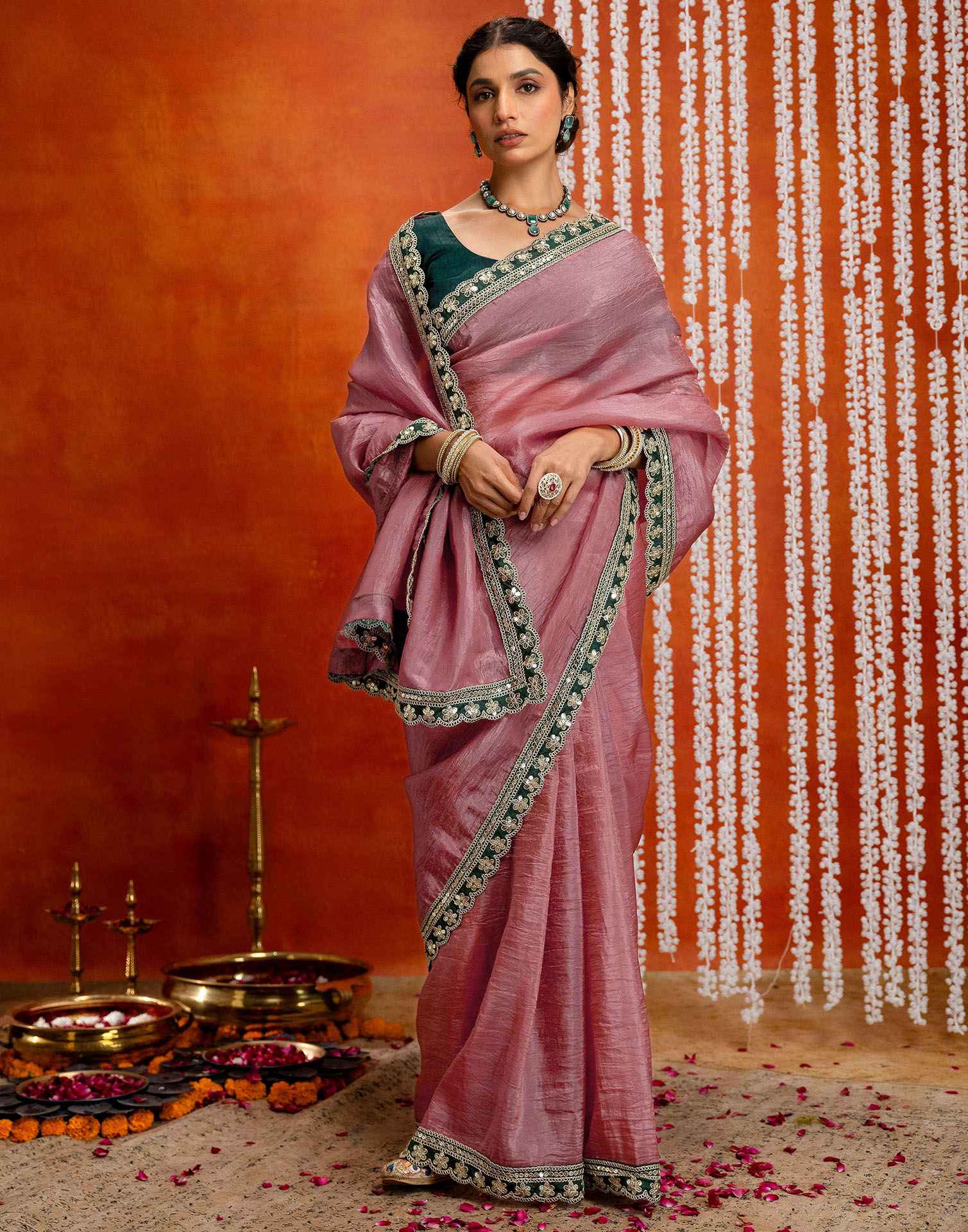 Dusty Rose Pink Crush Tissue Sequence Lace Saree - Image 10