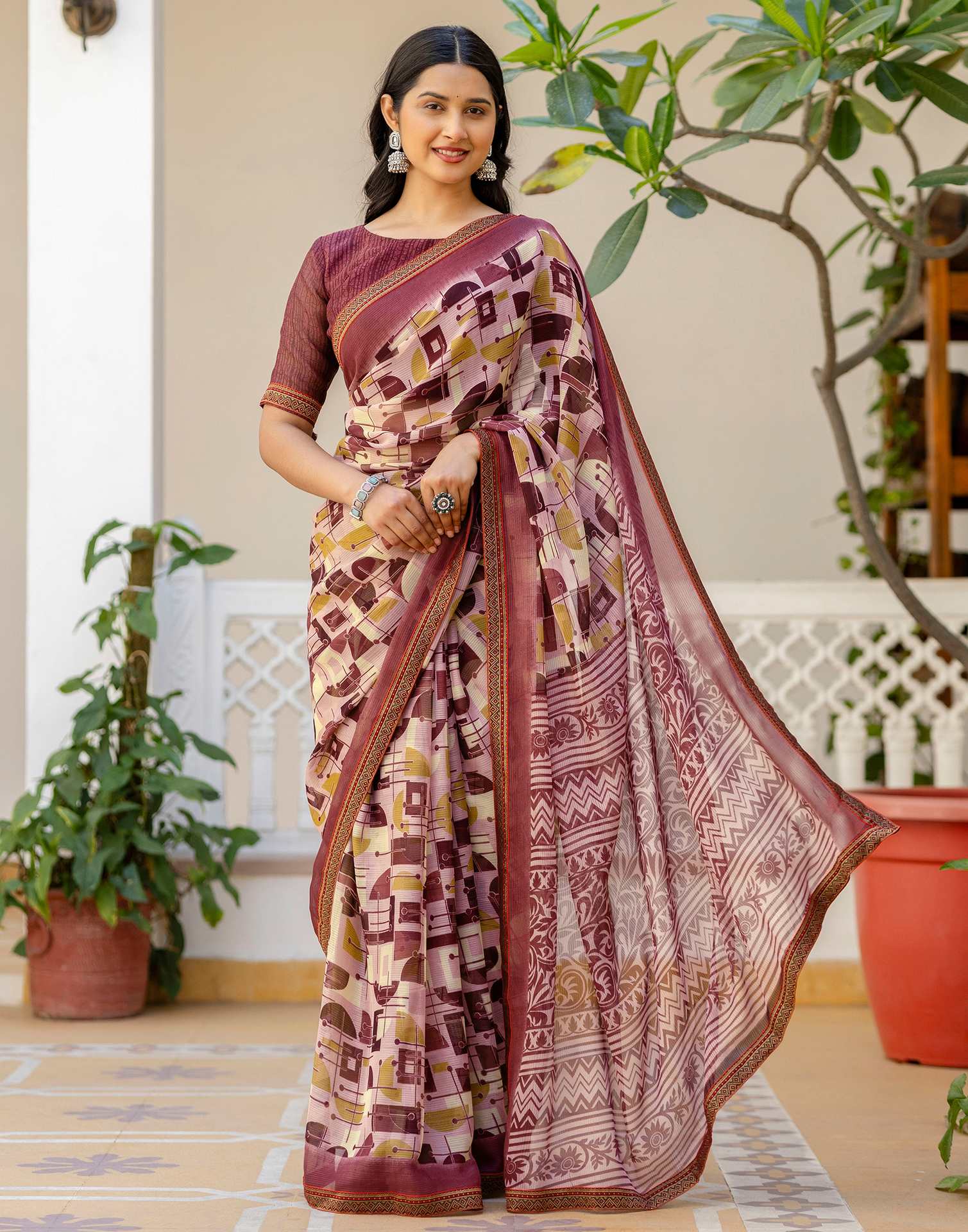 Dusty Rose Pink Georgette Printed Lace Saree - Image 4