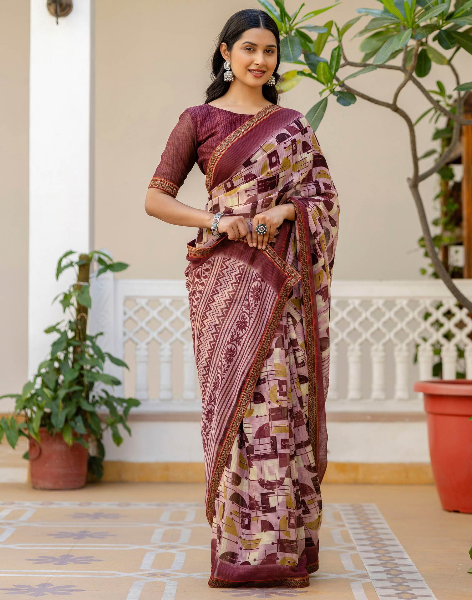 Dusty Rose Pink Georgette Printed Lace Saree - Image 5
