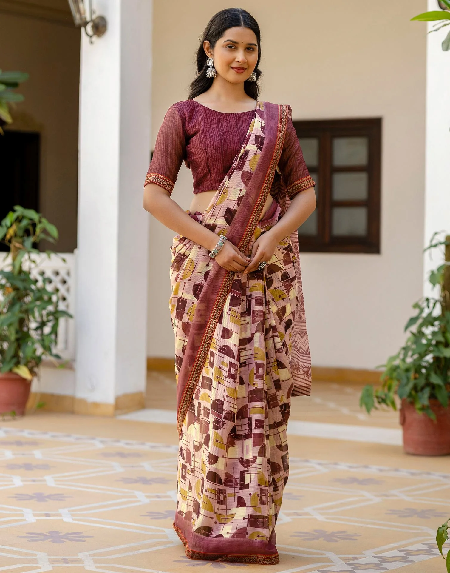 Dusty Rose Pink Georgette Printed Lace Saree - Image 7