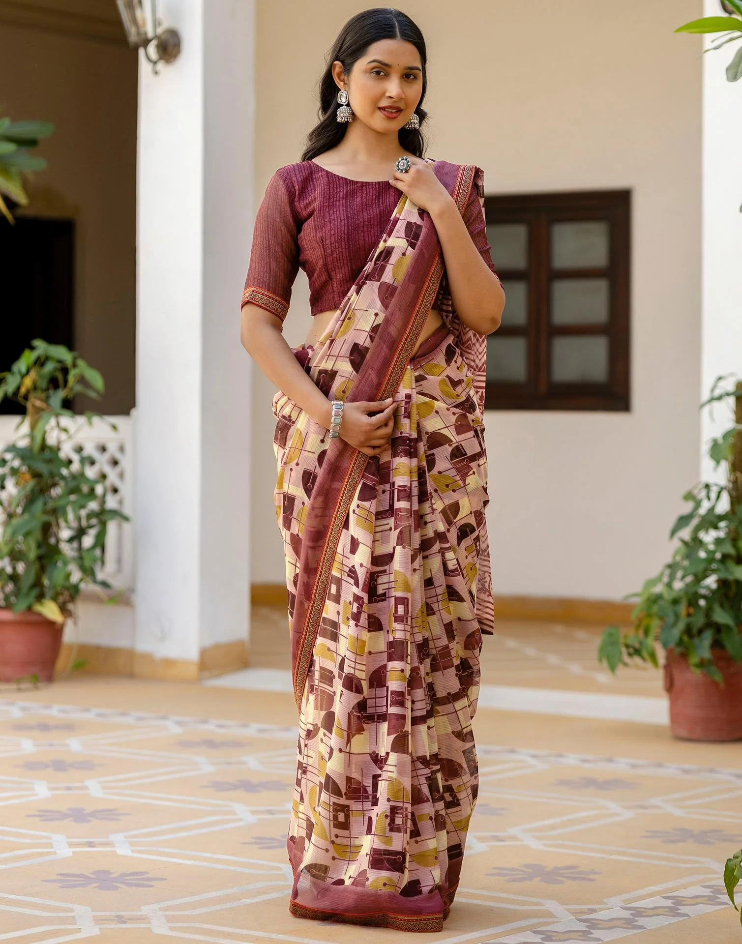 Dusty Rose Pink Georgette Printed Lace Saree - Image 8