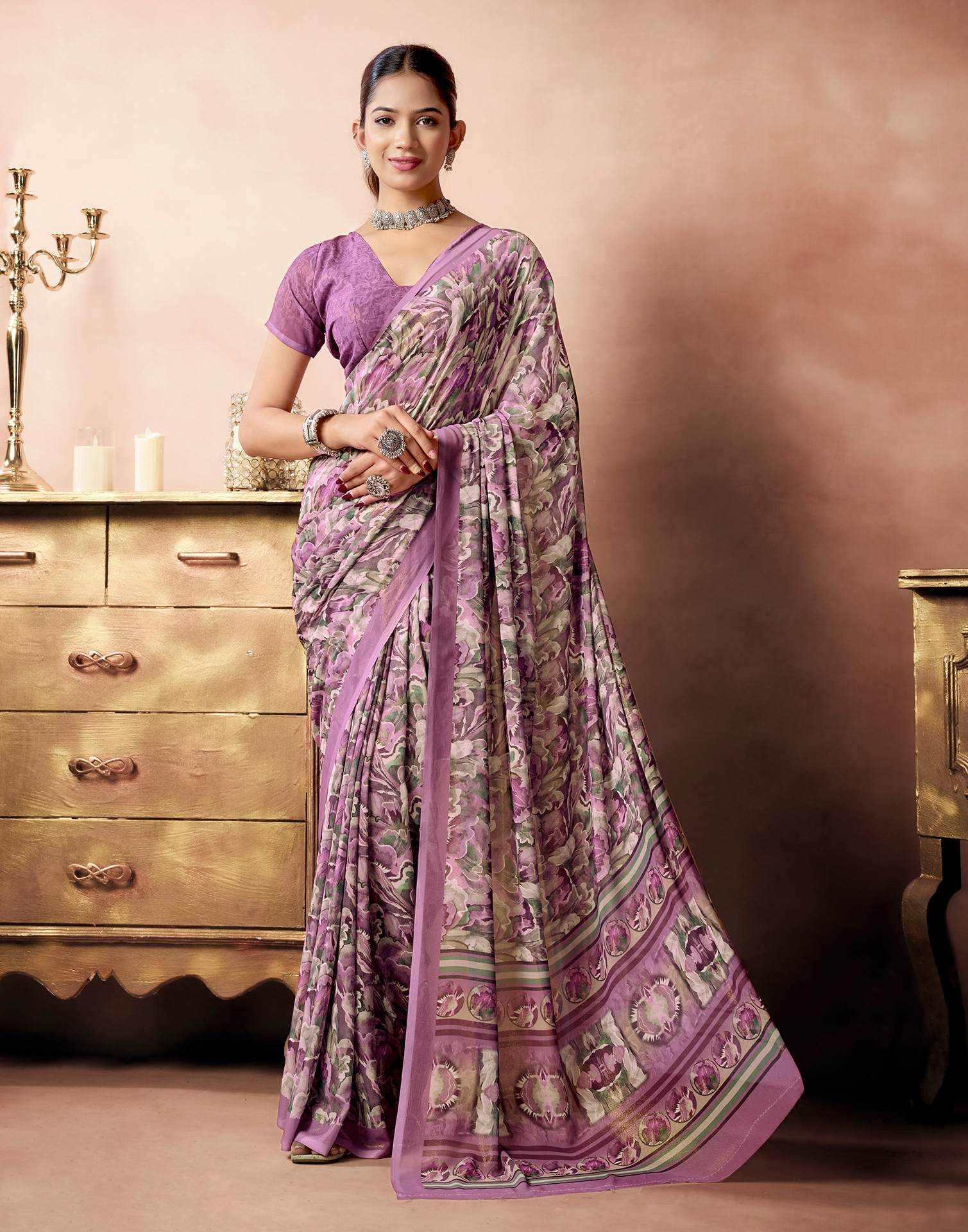 Dusty Rose Pink Georgette Printed Saree - Image 2