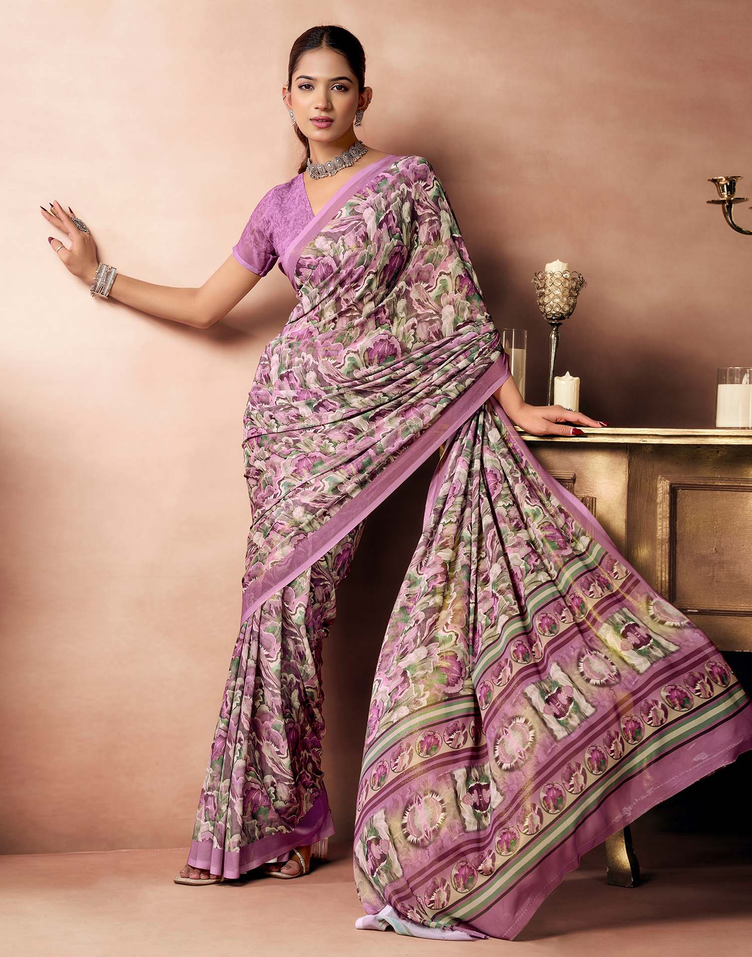 Dusty Rose Pink Georgette Printed Saree - Image 5