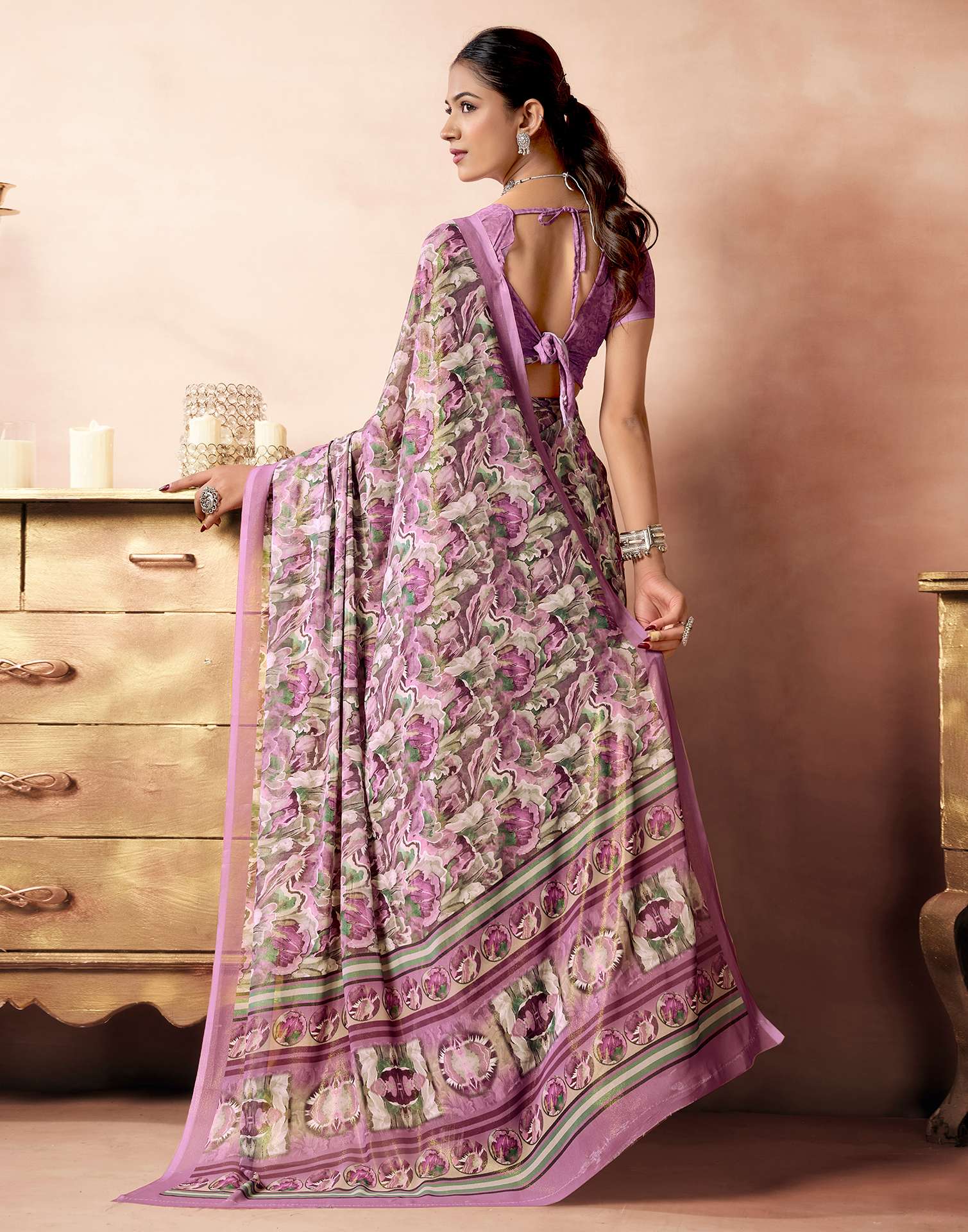 Dusty Rose Pink Georgette Printed Saree - Image 6