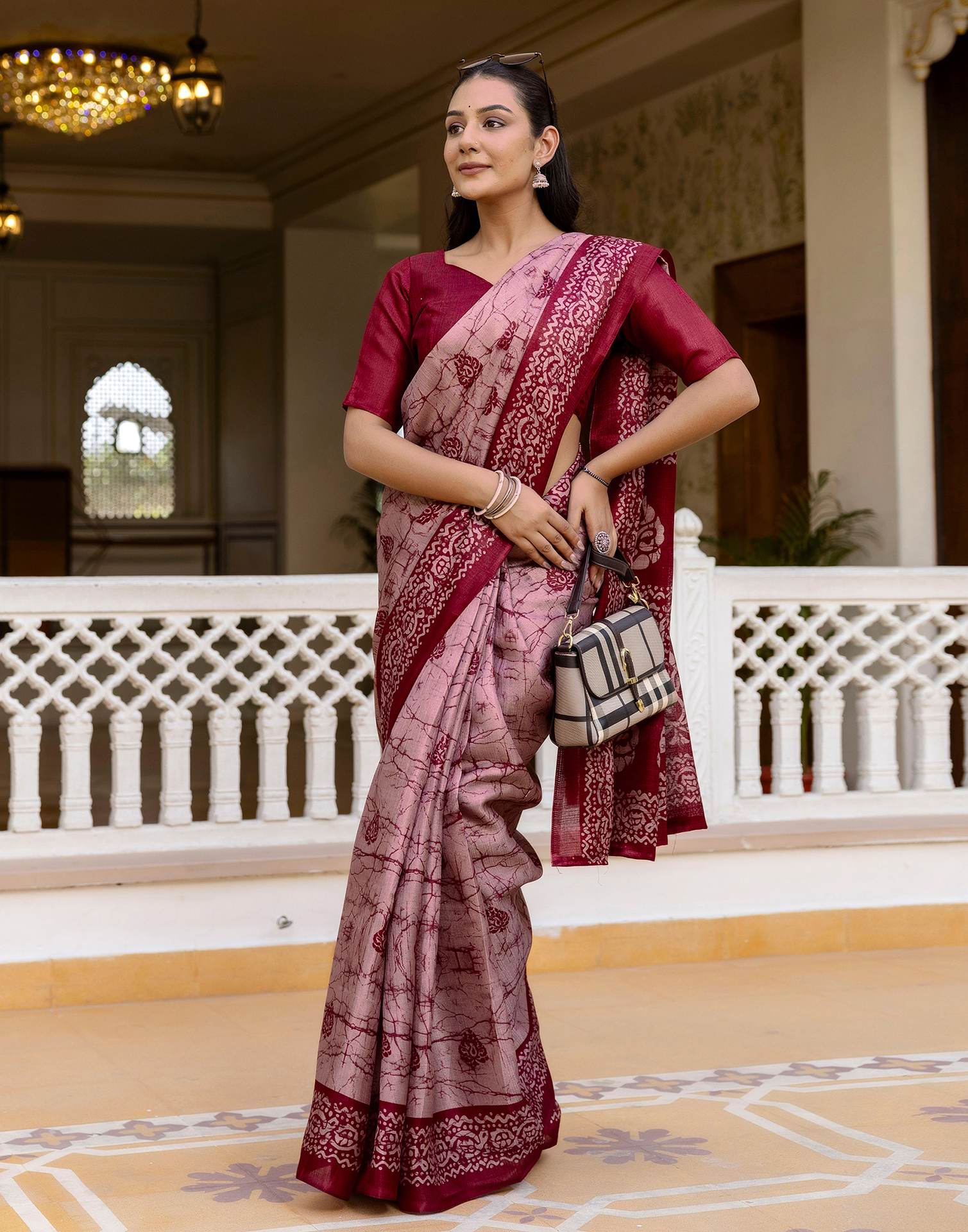 Dusty Rose Pink Khadi Printed Saree - Image 6
