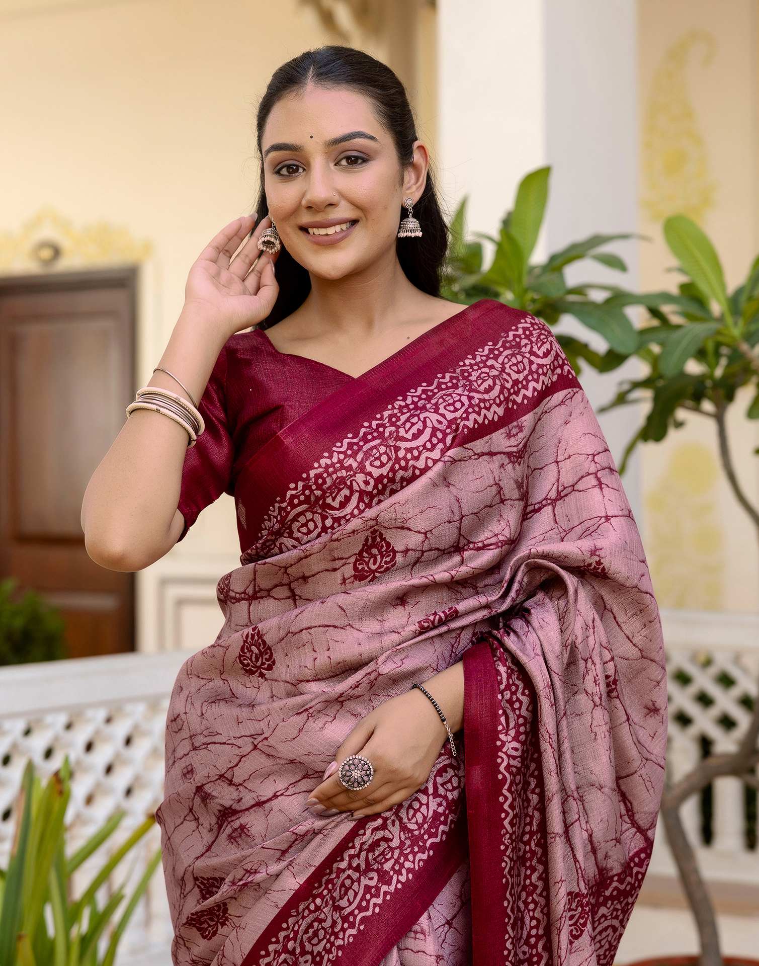 Dusty Rose Pink Khadi Printed Saree - Image 9